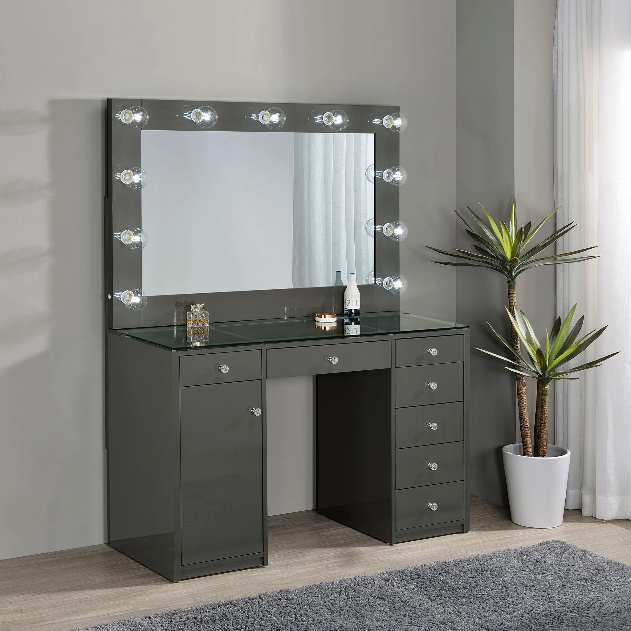 Acena 7-drawer Vanity Set with Lighting Grey High Gloss - Image 2