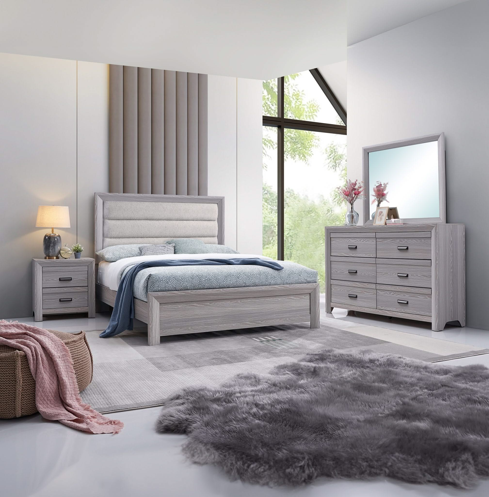 Adelaide - Twin 4 Piece Upholstered Bedroom Set - Drift Wood
