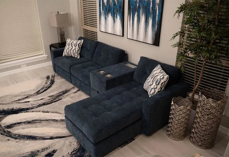 Aden Navy Blue Contemporary 4PC Modular Sectional with Storage Console, USB Ports and Wireless Charging - Image 2