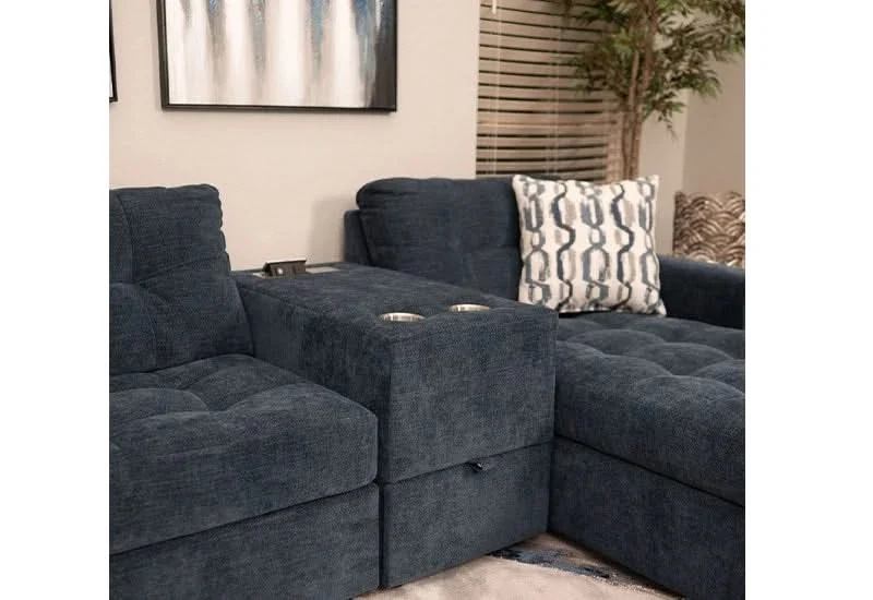 Aden Navy Blue Contemporary 4PC Modular Sectional with Storage Console, USB Ports and Wireless Charging - Image 5