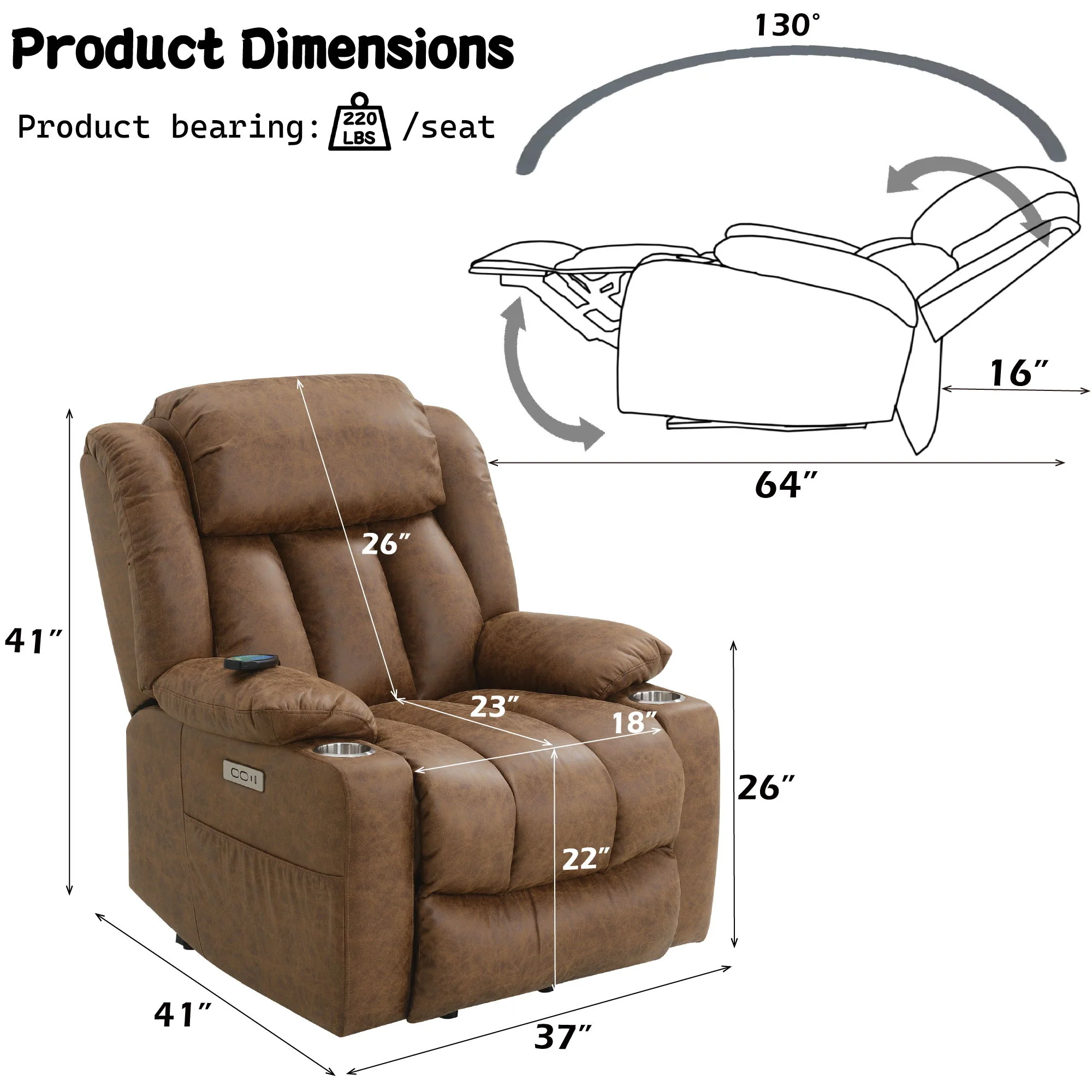 Aire Power Motion Recliner With Lift Heating Massage Function - Brown - Image 4