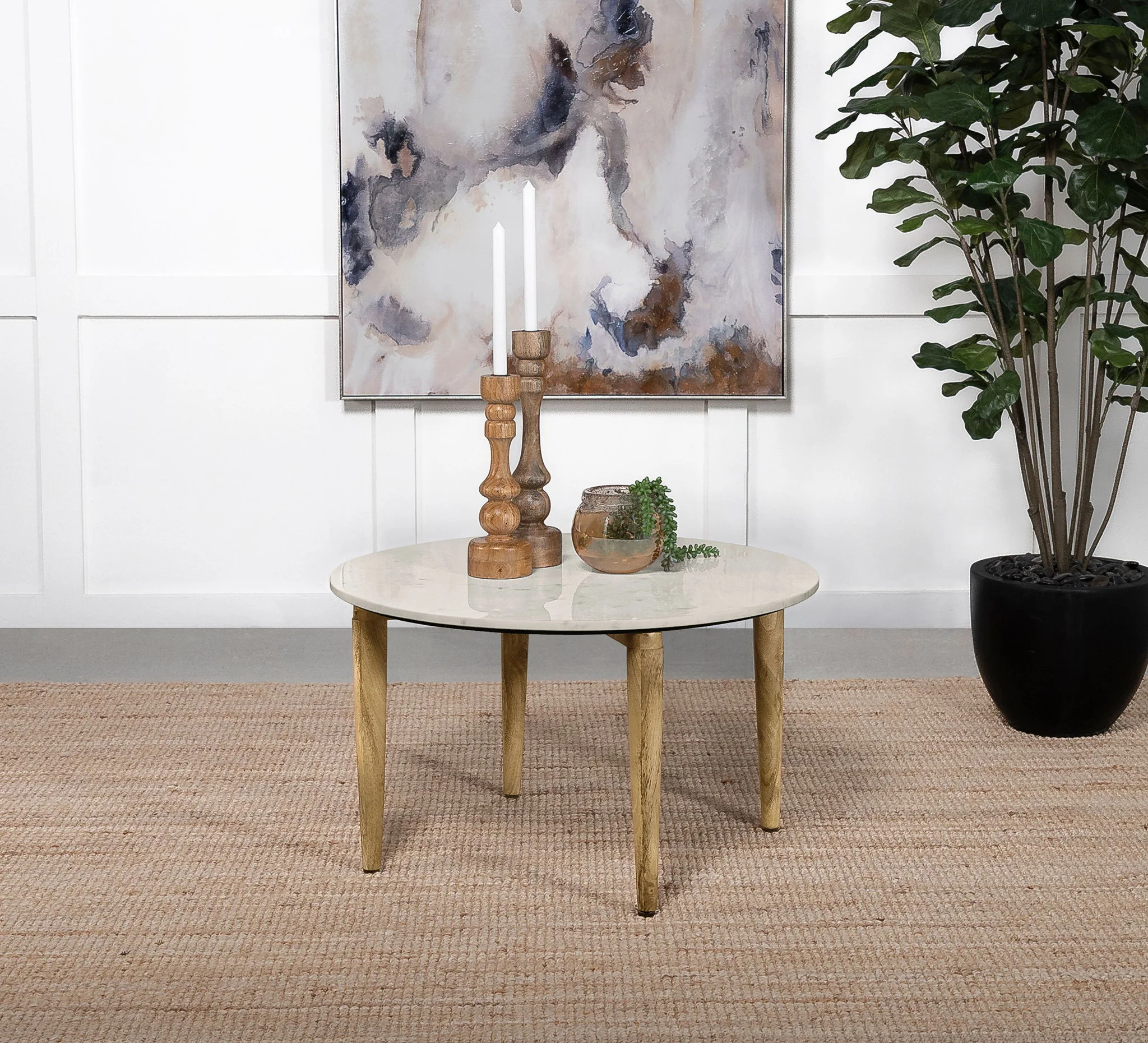 Aldis Round Marble Top Coffee Table White and Natural - Image 4
