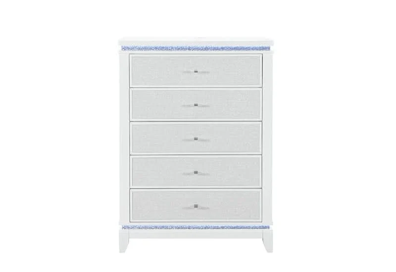 Alina White Chest with LED – 5-Drawer Glam Storage with Mirror Trim