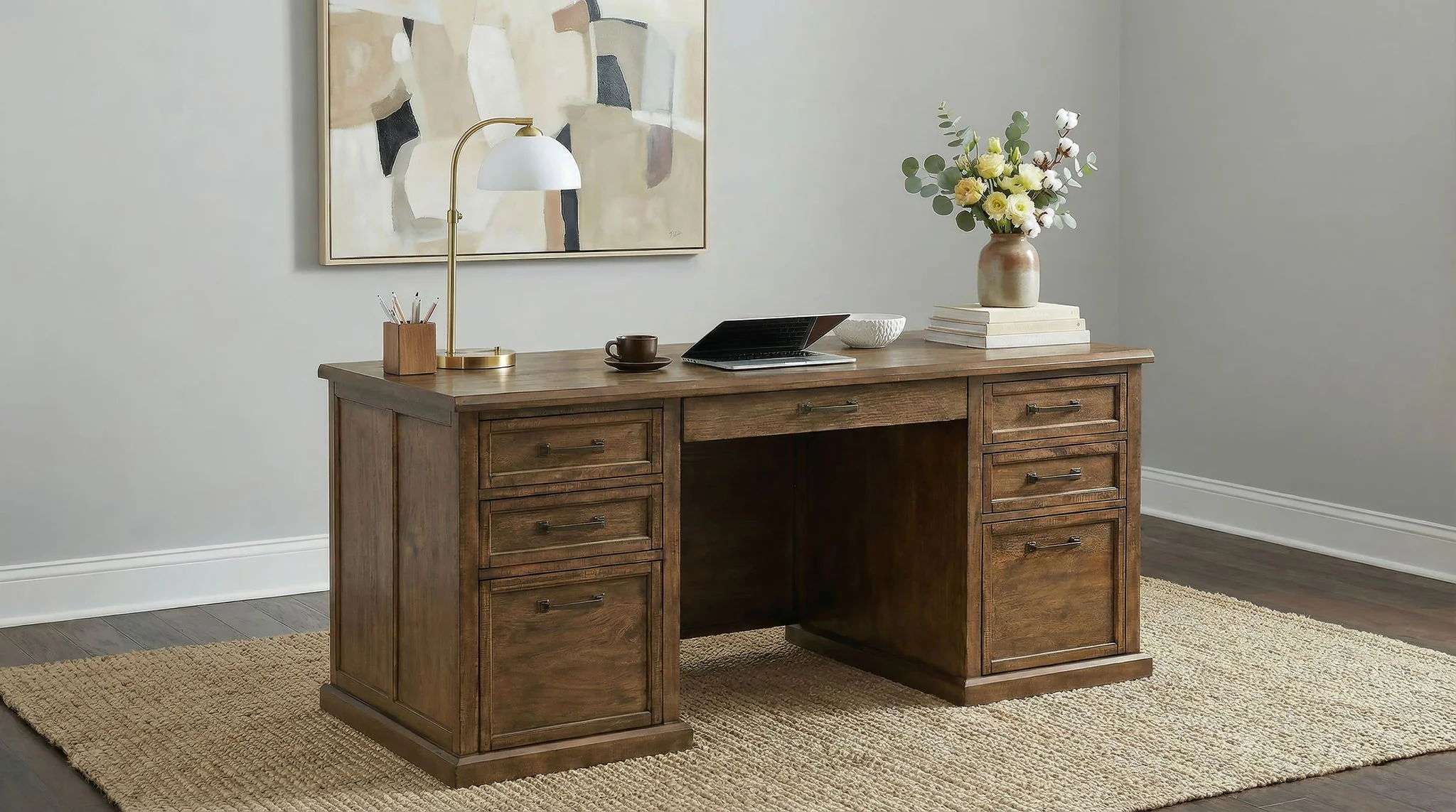 Altidore 68-inch 7-drawer Executive Home Office Desk Distressed Brown - Image 3