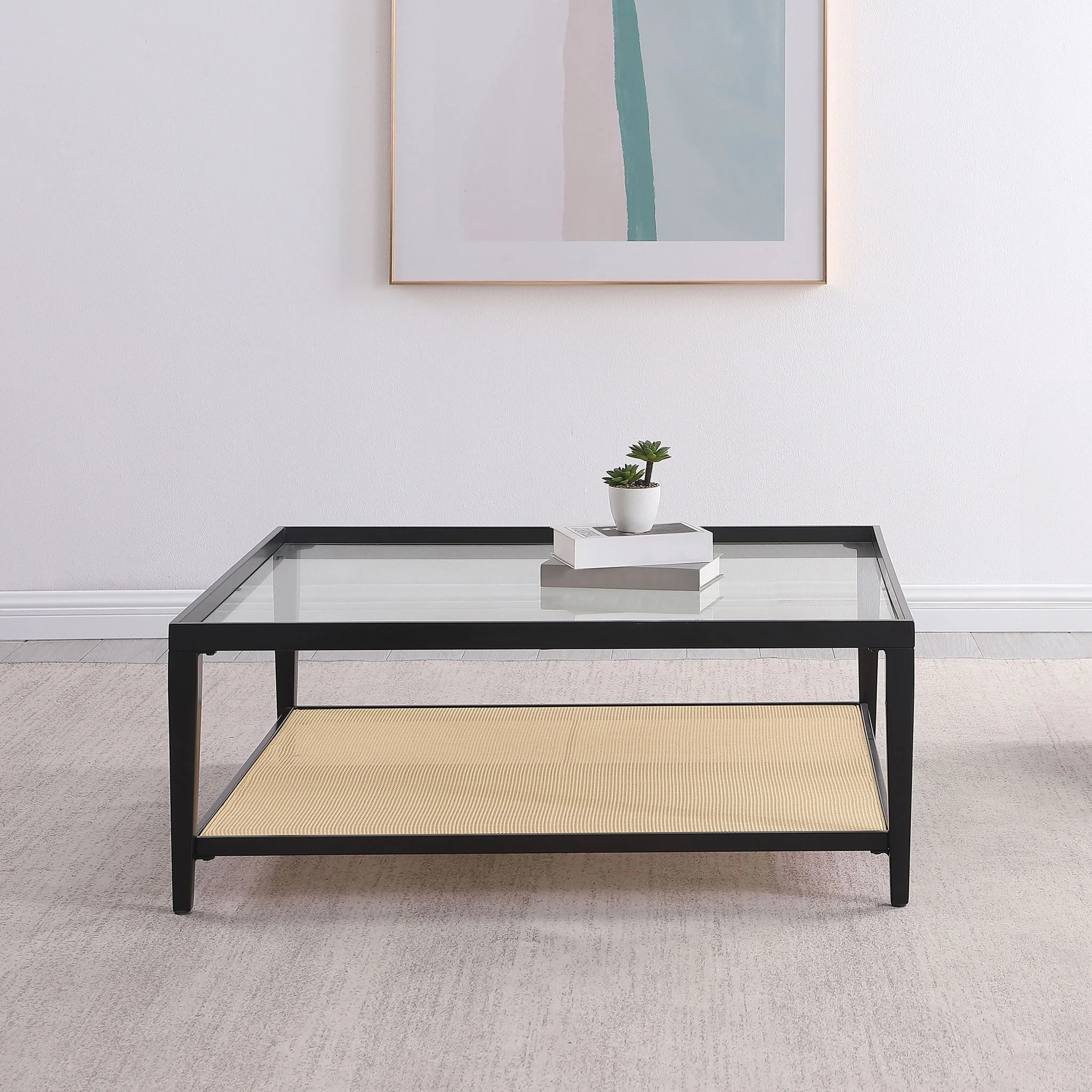 Amherst Glass Top Metal with Cane Shelf Coffee Table Black - Image 2