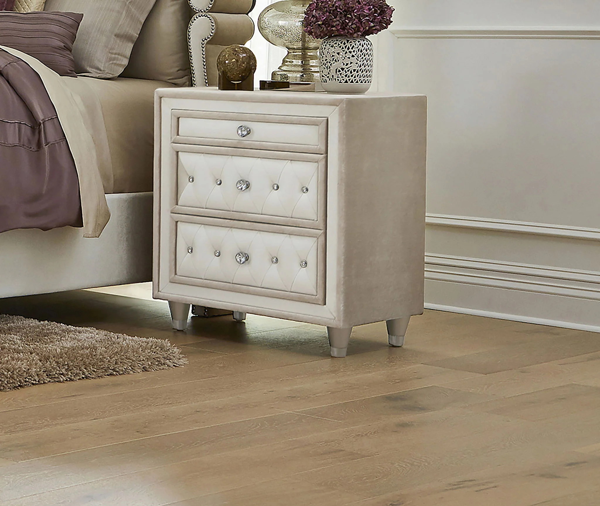 Antonella Upholstered 3-drawer Nightstand Ivory and Camel - Image 2
