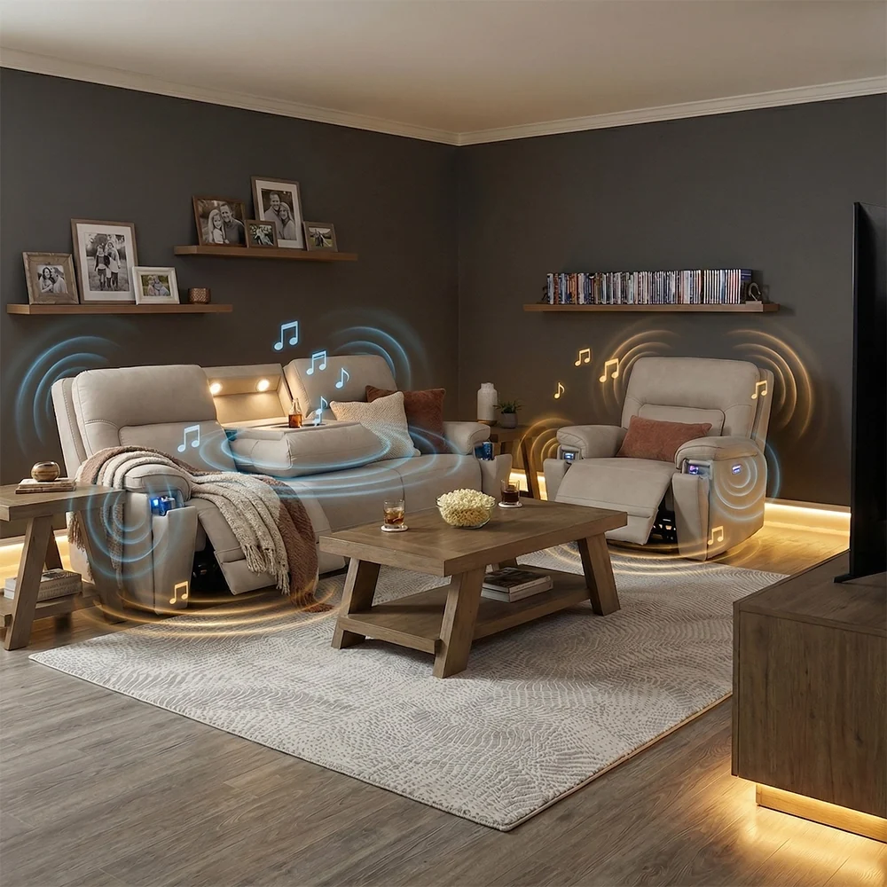 Moto Motion Apollo Dove Light Gray Power Reclining Living Room Set with Immersive Sound Sofa and Loveseat - Image 3