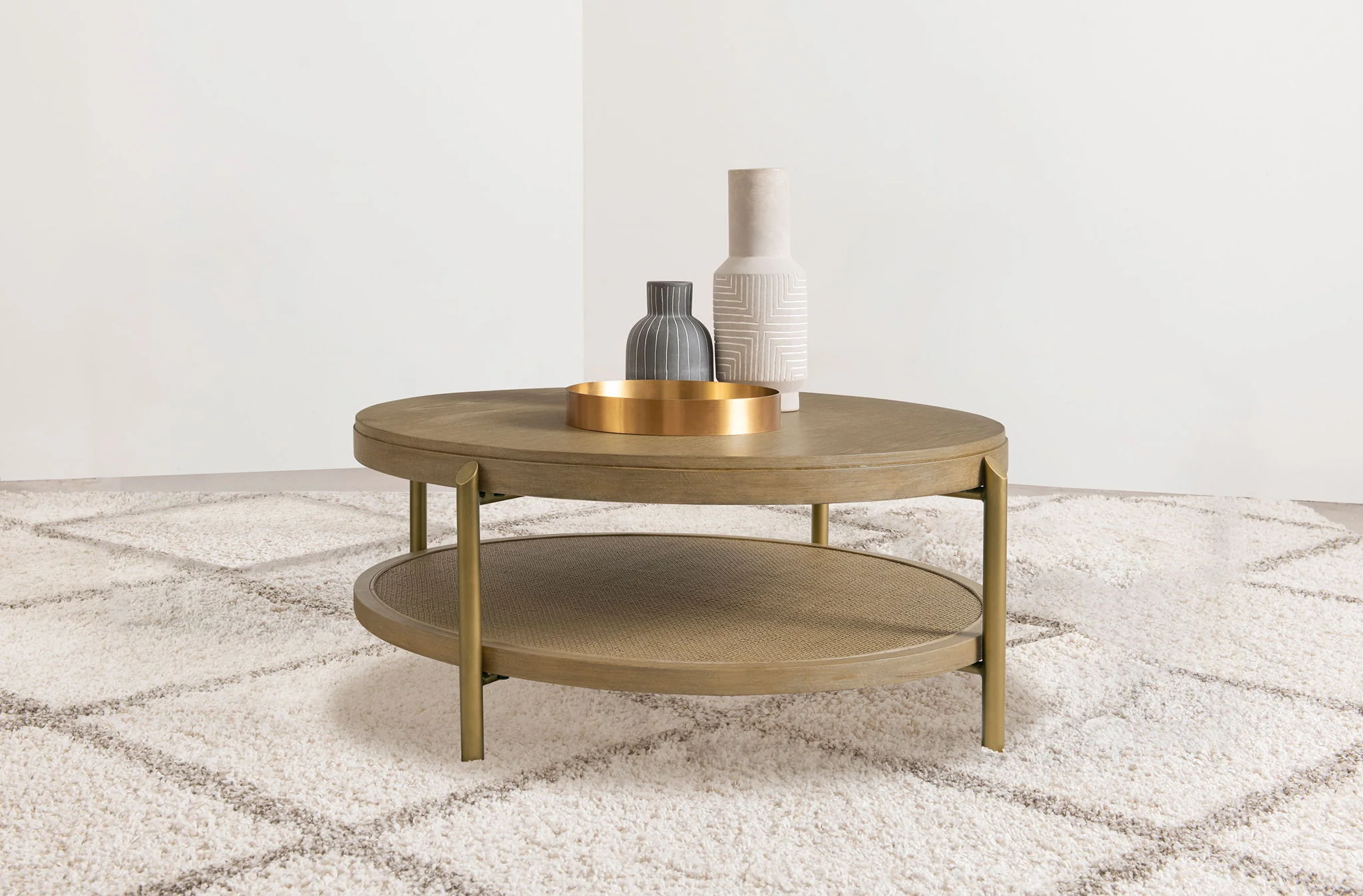 Arini Round Coffee Table With Storage Shelf Sand Wash - Image 2