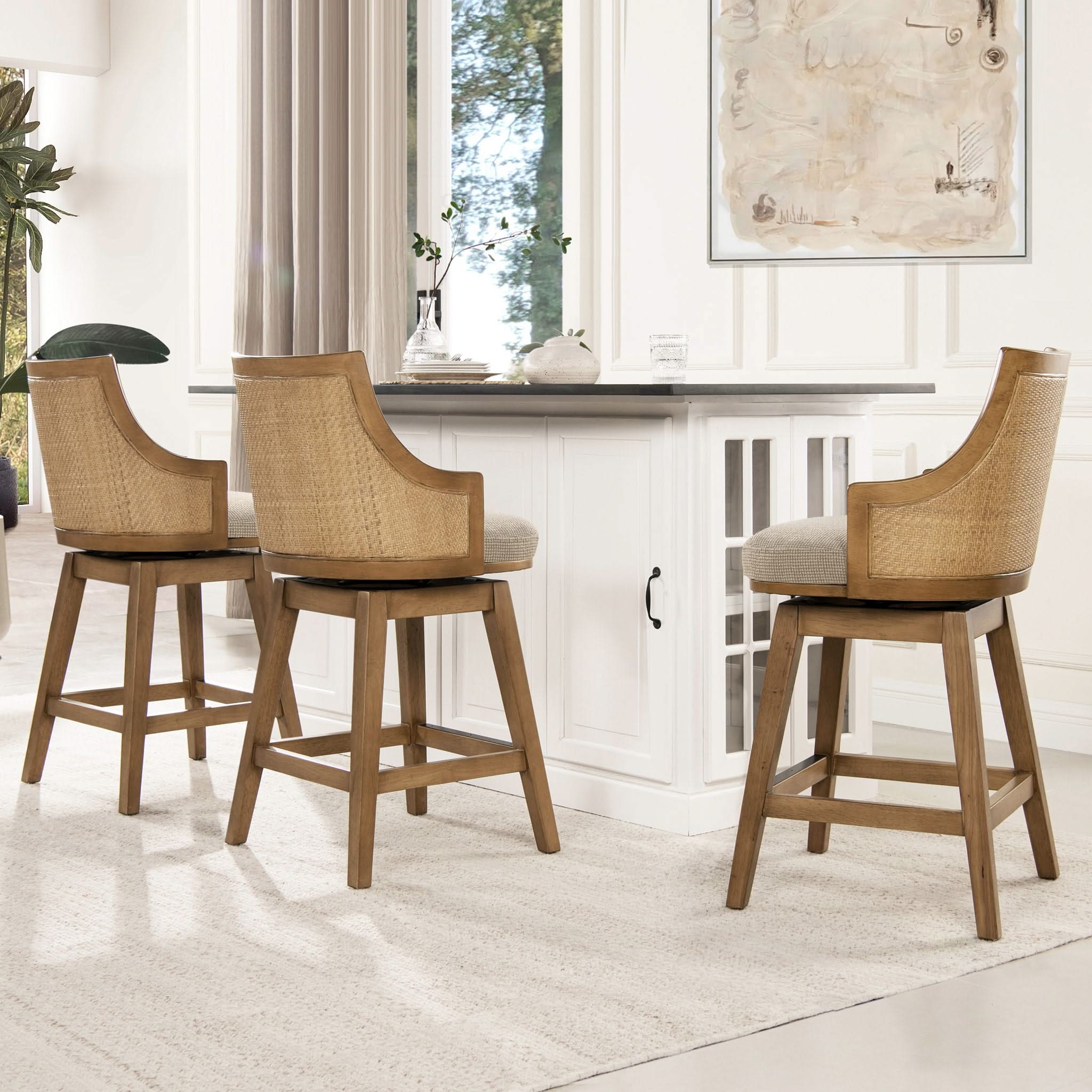 Bahama - Cane High Back Swivel Counter Stool With Recessed Arms Textured Weave - Taupe Beige - Image 4