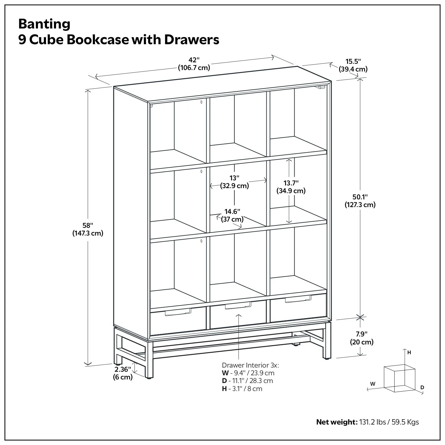 Banting - 9 Cube Bookcase With Drawers - Walnut Brown - Image 3