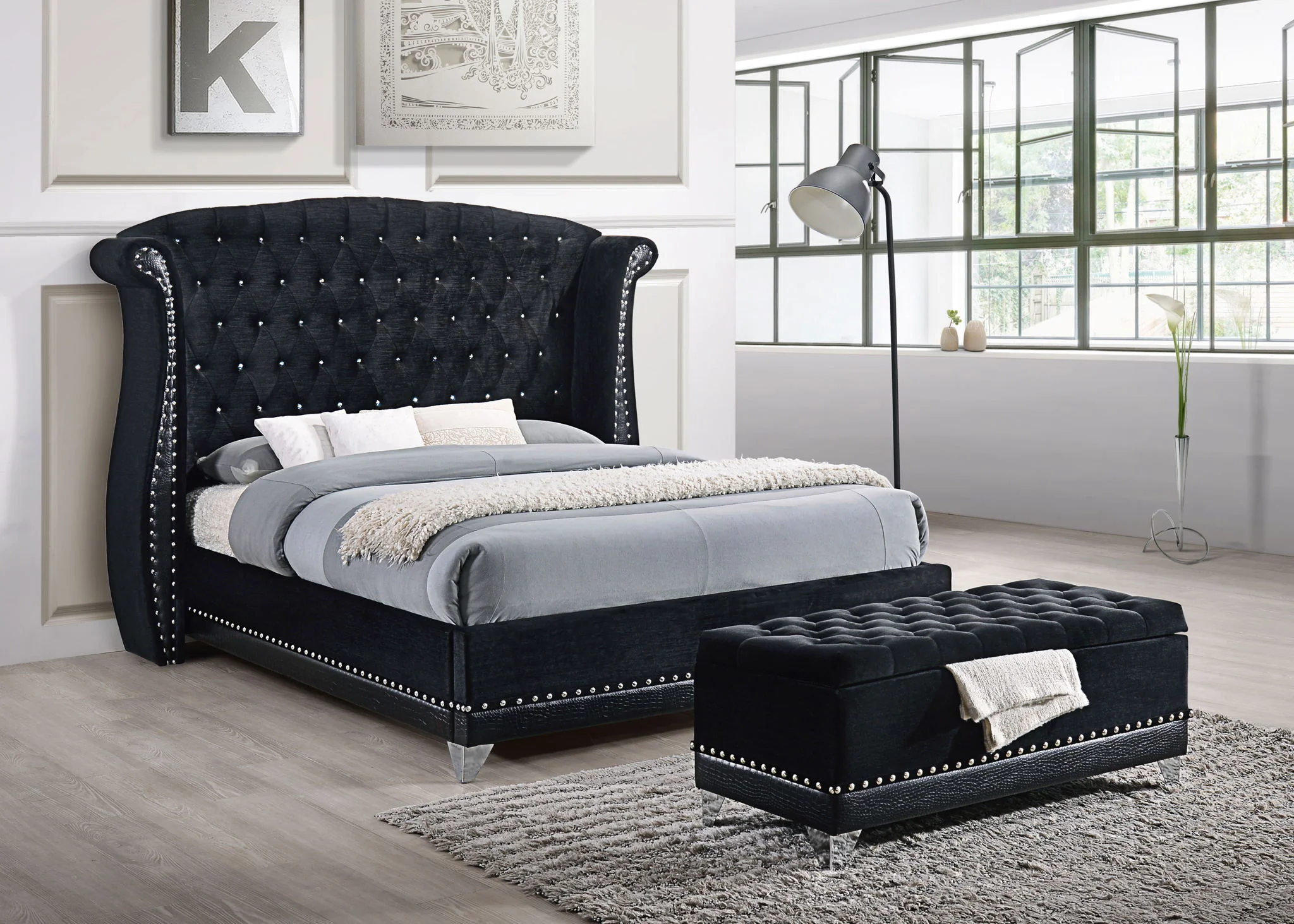 Barzini Upholstered Queen Wingback Bed Black - Image 3