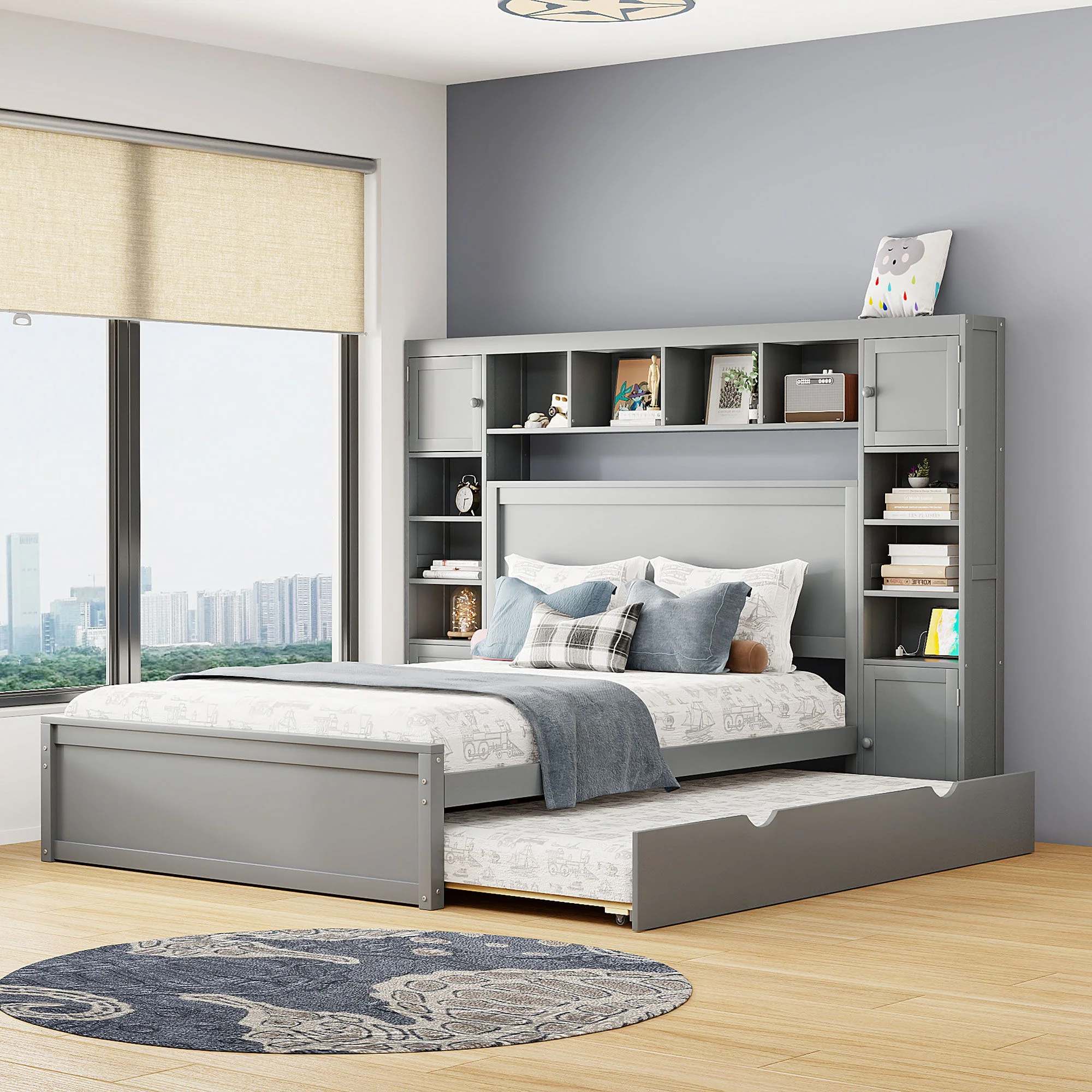Bed With All In One Cabinet, Shelf And Sockets, Twin Long Trundle