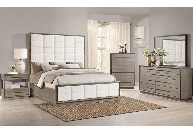 Boulevard Taupe Oak Modern 5 PC Bedroom Set Includes Bed (Headboard, Footboard and Rails), Dresser and Mirror