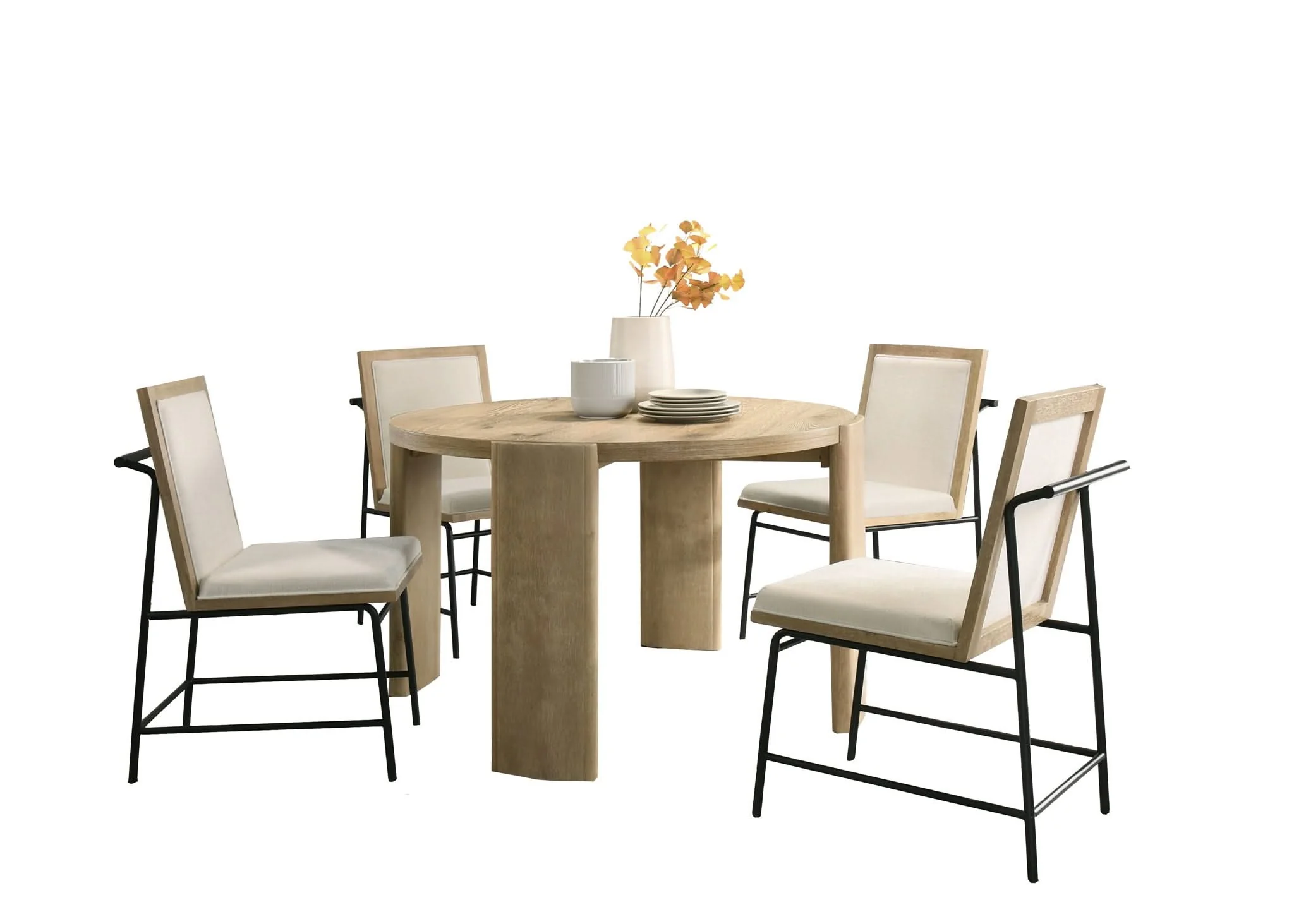 Bowen - Round Dining Table With Cream Color Upholstered Chairs (Set of 5) - Oak Finish - Image 3