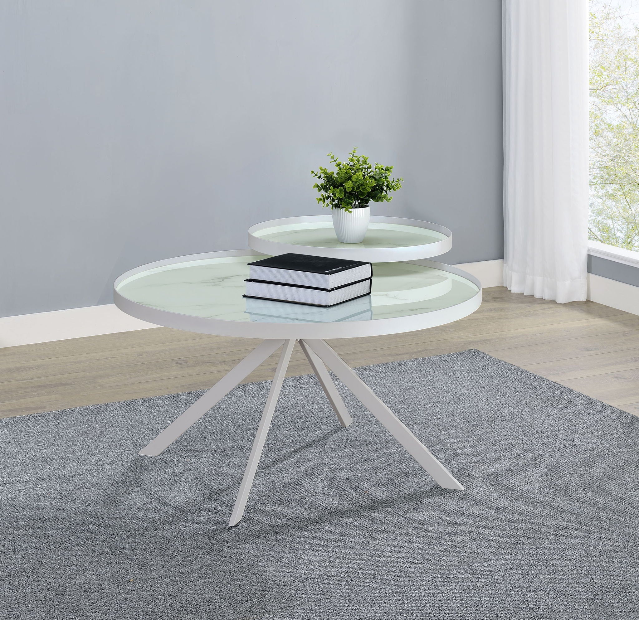 Briggs Round Marble Printed Glass Top Coffee Table White - Image 2