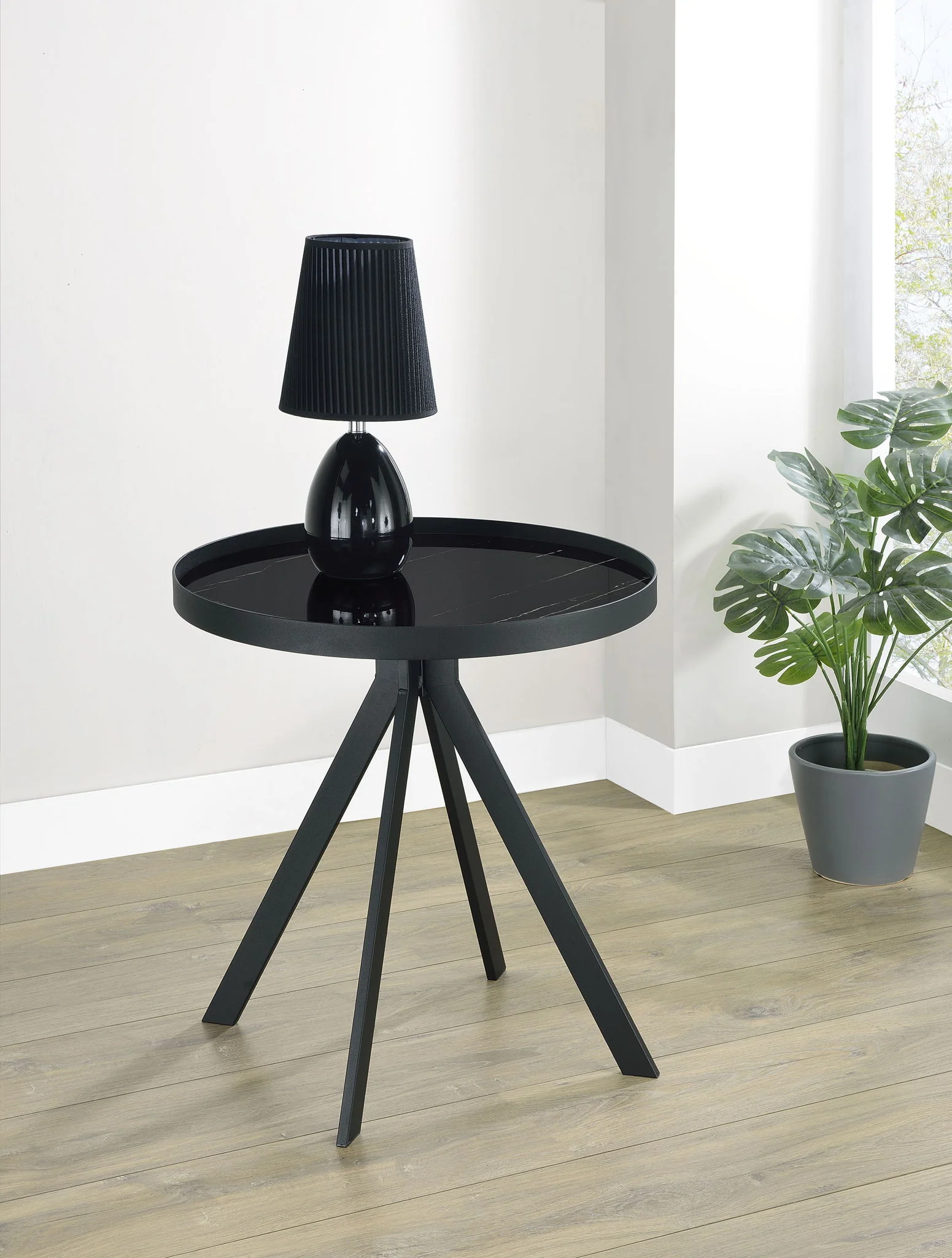 Briggs Round Marble Printed Glass Top End Table Black - Image 4