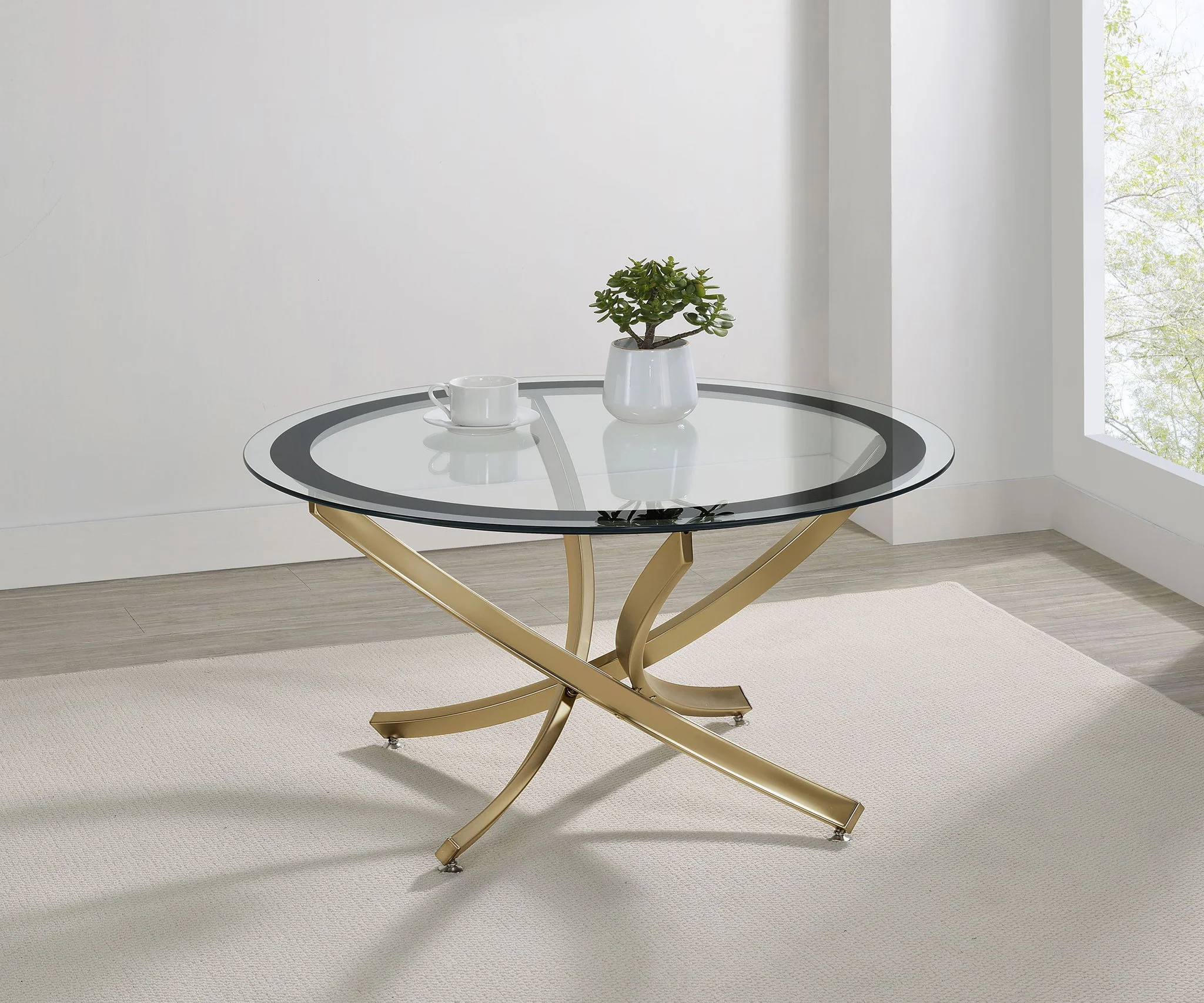 Brooke Round Glass Top Coffee Table Metal Base Brass - Image 3