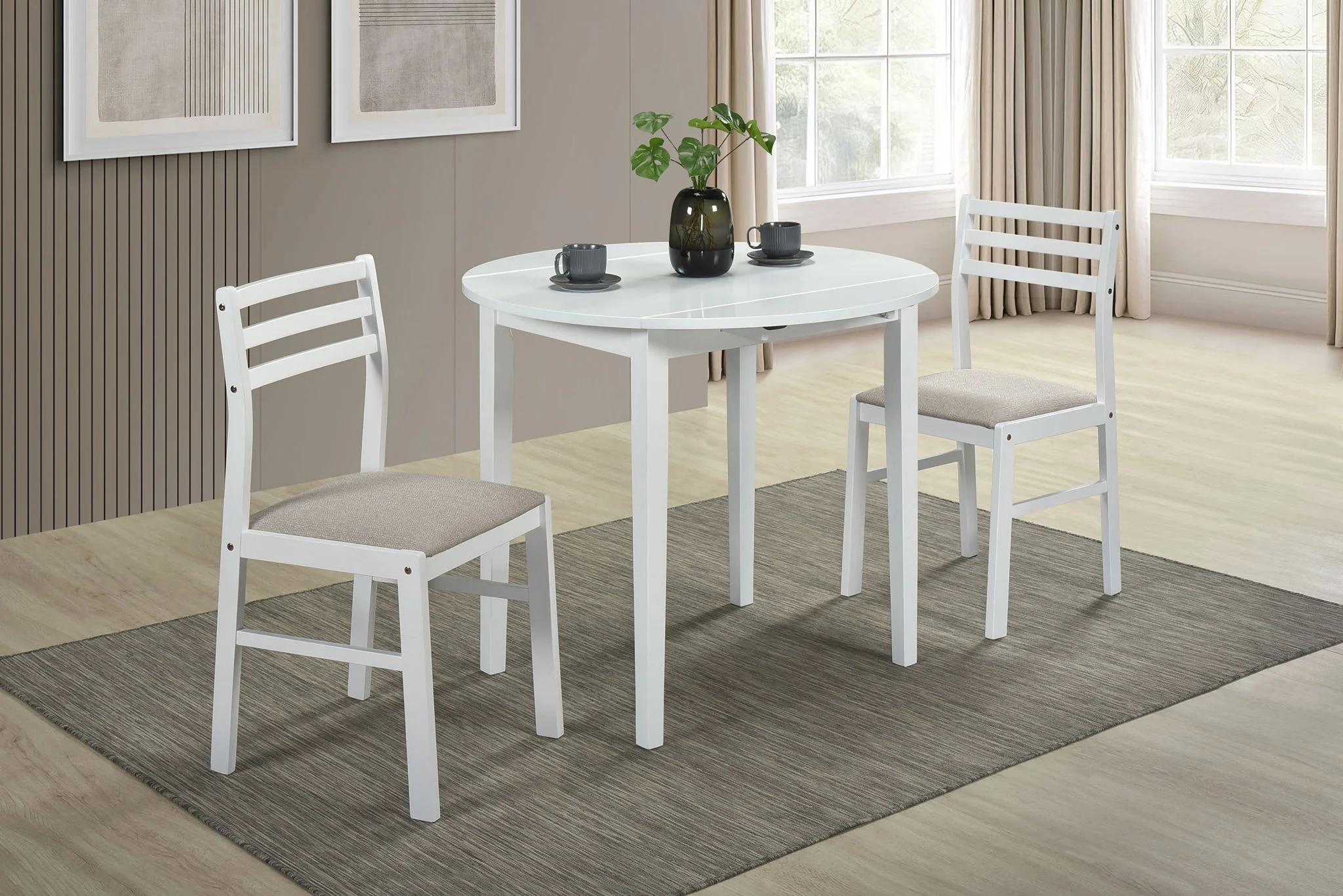 Bucknell 3-piece Round Drop Leaf Dining Table Set White - Image 4