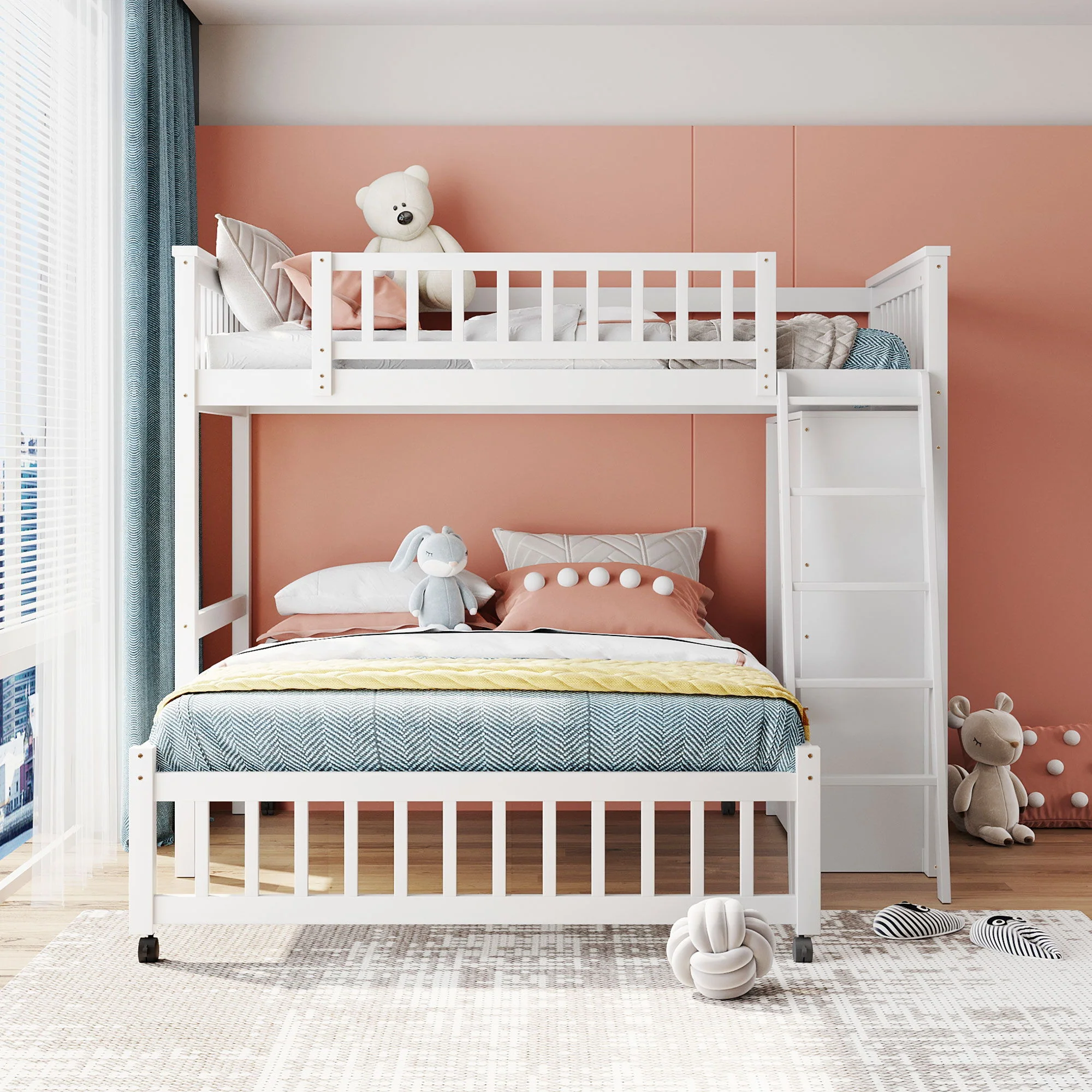 Bunk Bed With 6 Drawers And Flexible Shelves, Bottom Bed With Wheels - Image 4