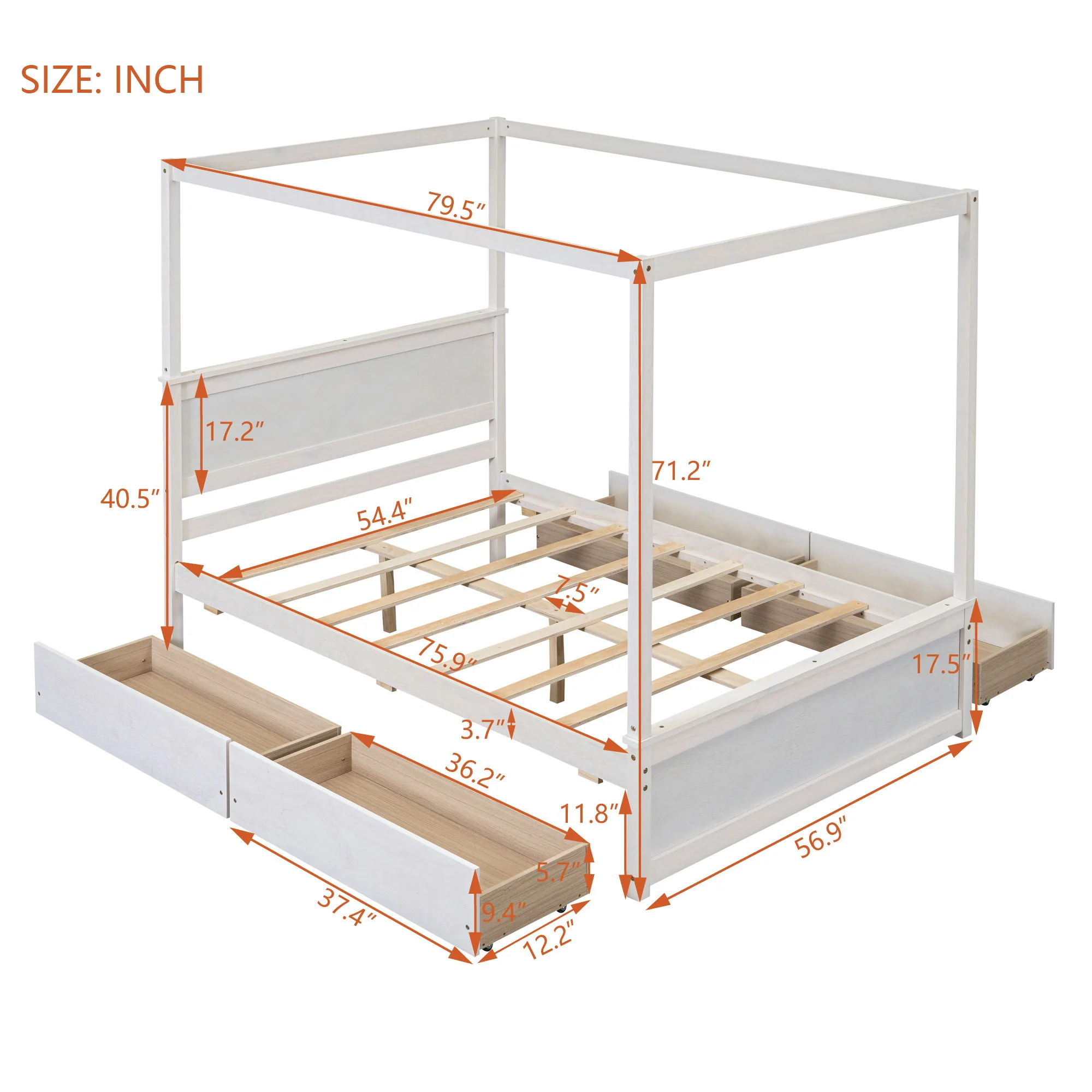 Canopy Platform Bed With Drawers, Support Slats, No Box Spring Needed - Image 4