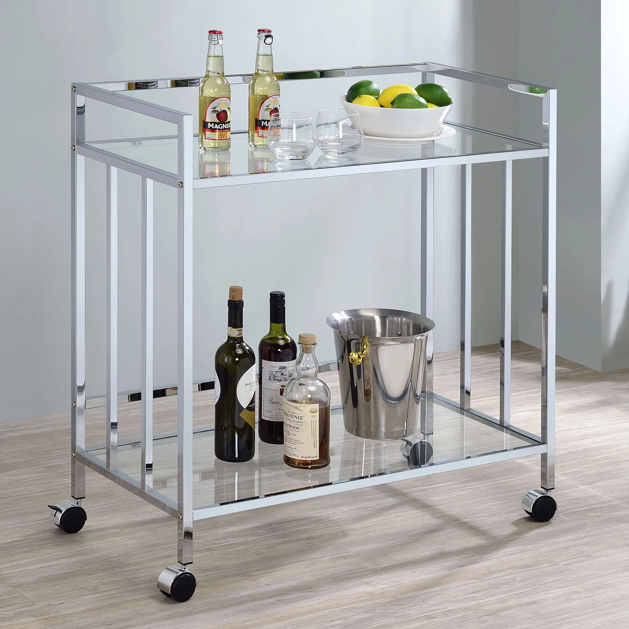 Cara 2-tier Rectangular Glass Shelf Metal Bar Cart Chrome - Image 4