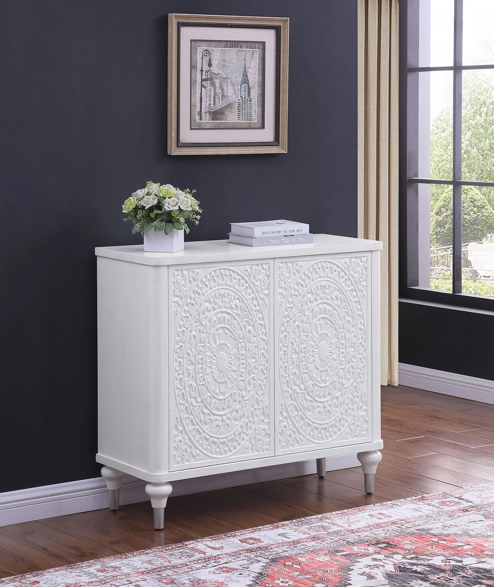 Cardella 2-door Mandala Accent Cabinet Distressed White - Image 4