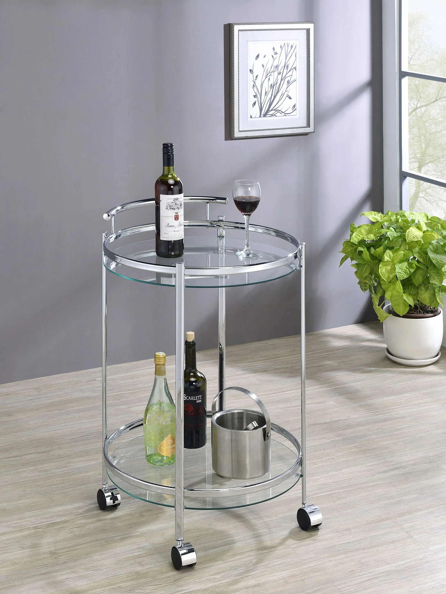 Chrissy Round Glass Shelf Metal Bar Cart Chrome - Image 2