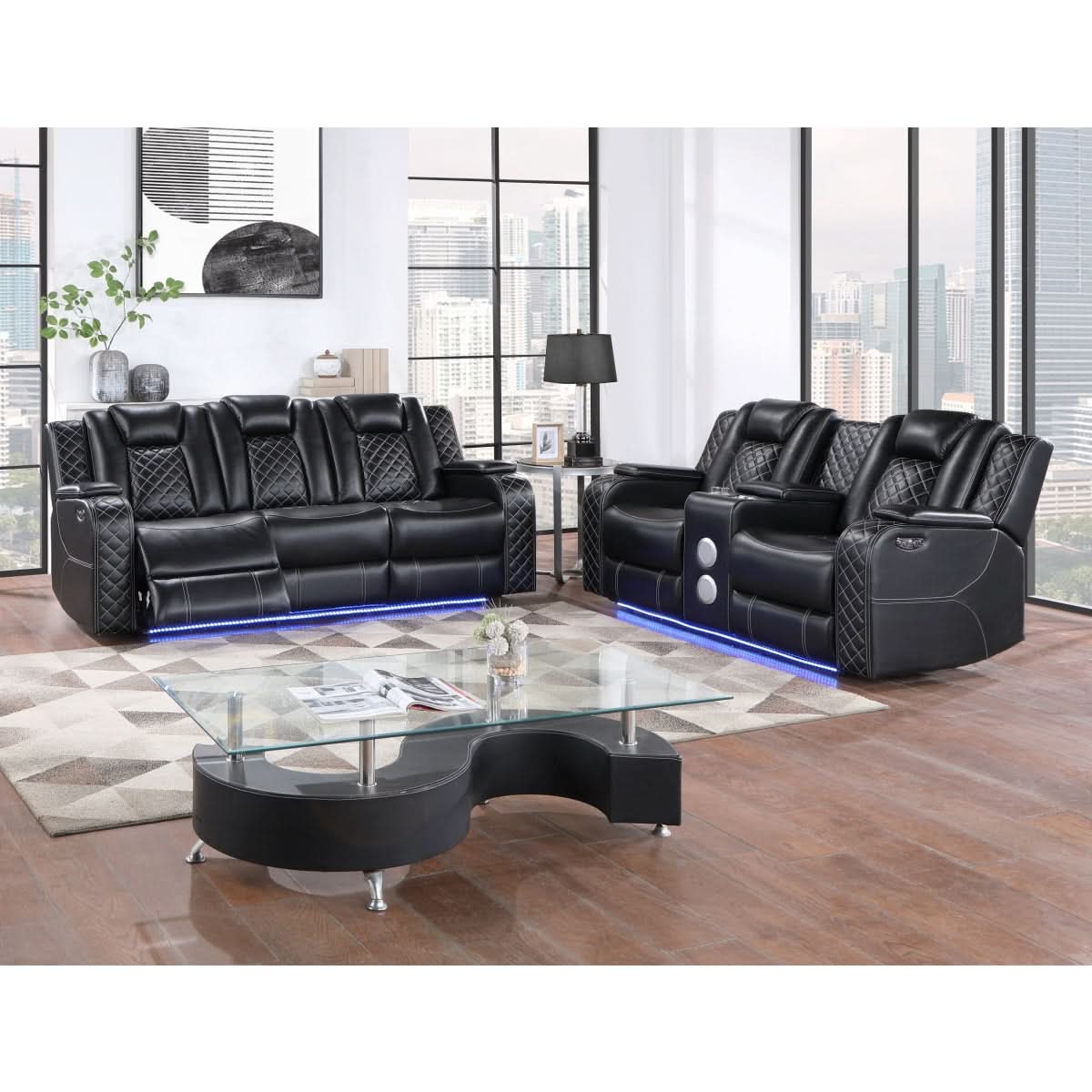 Cleo Black or Dove Contemporary Power Reclining Living Room Set with Power Headrests LED Lights and Bluetooth Speakers - Image 6