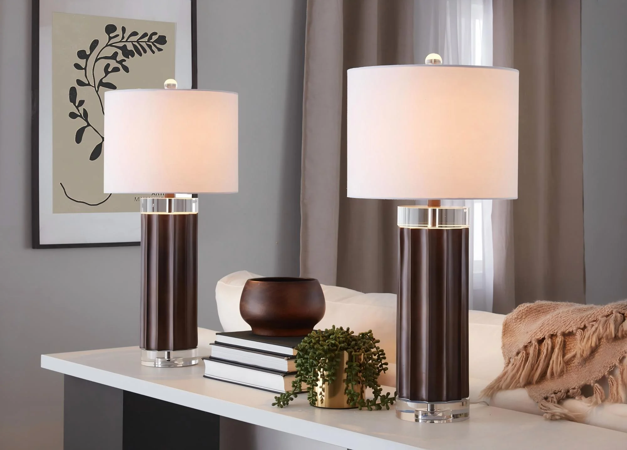 Cylinder - Fluted Contemporary Table Lamp (Set of 2) - Brown / Clear / White - Image 2