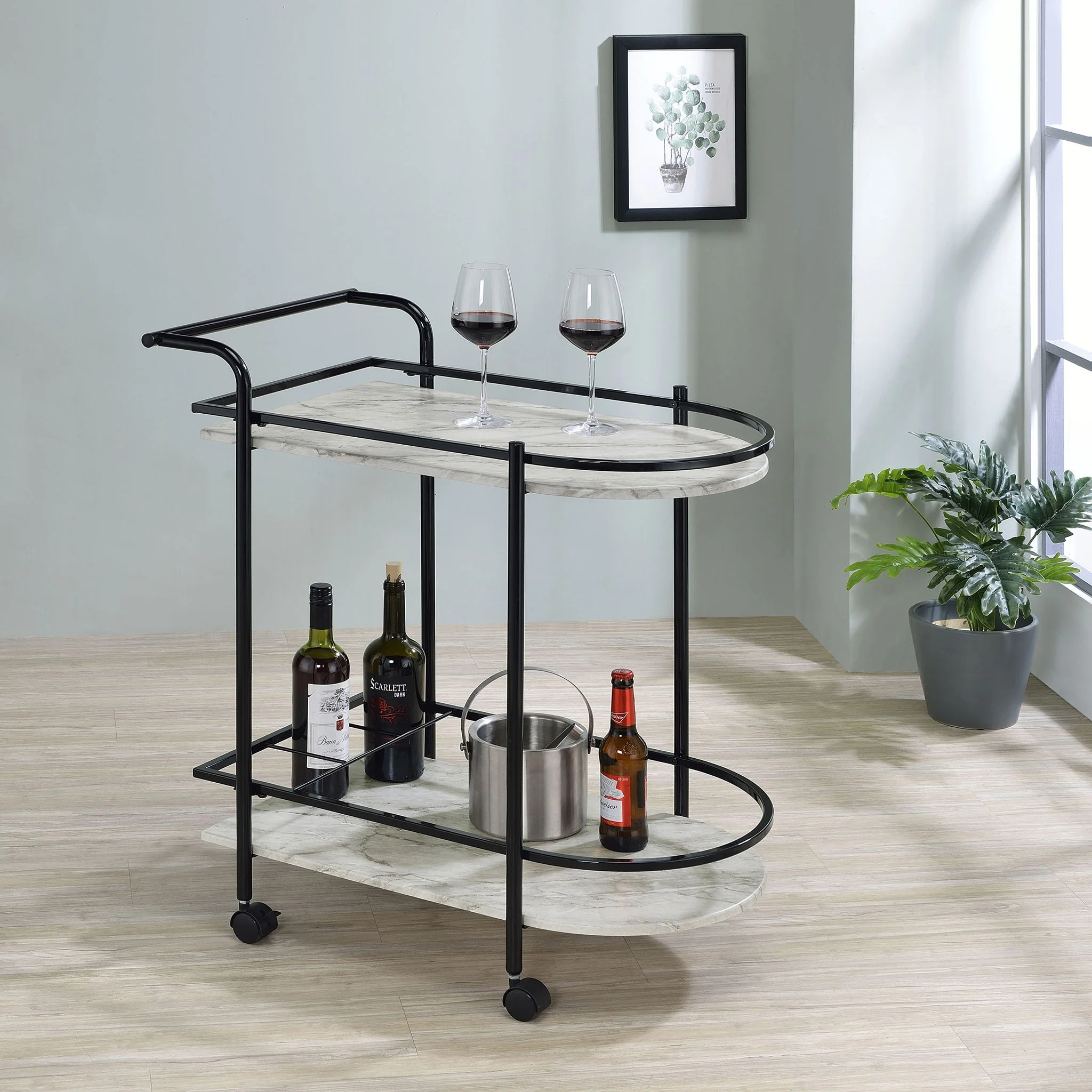 Desiree 2-tier Faux Marble Shelf Metal Bar Cart Black - Image 3