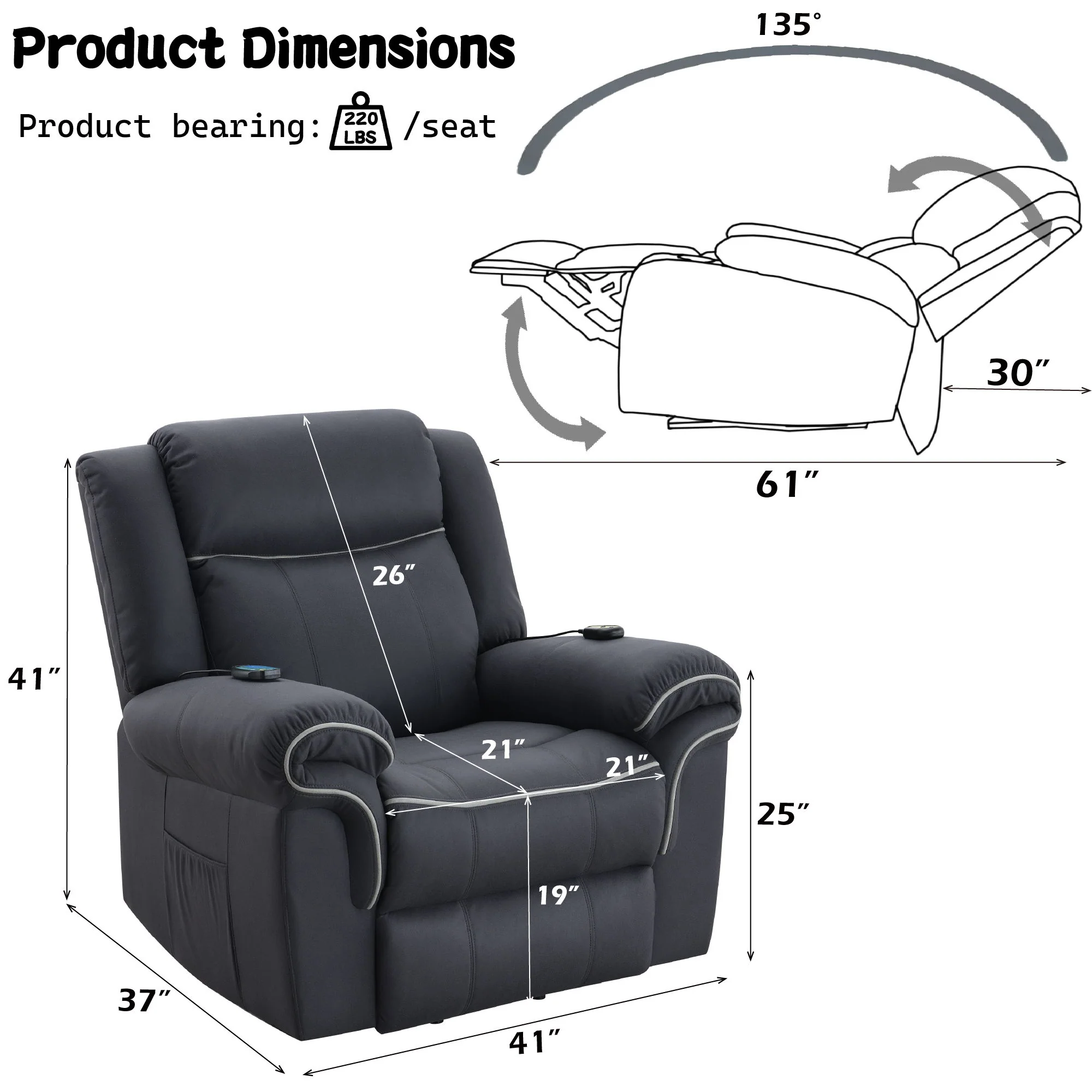 Domana - Polished Microfiber Power Nirion Recliner With Lift Heating Massage Chair - Dark Blue - Image 2