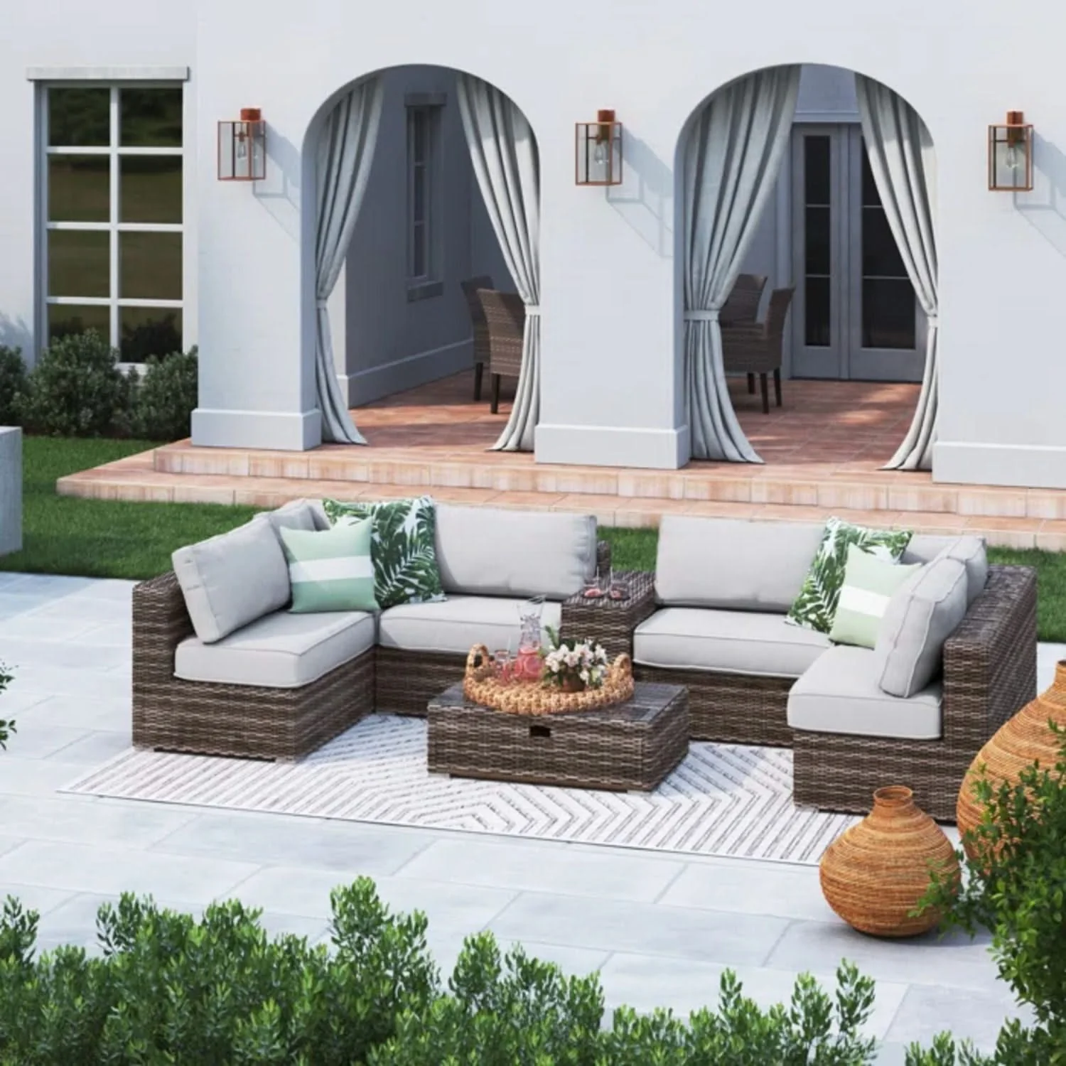 Elegant 4 Person Wicker Patio Seating Set With Cushions And Glass Top Table - Image 11