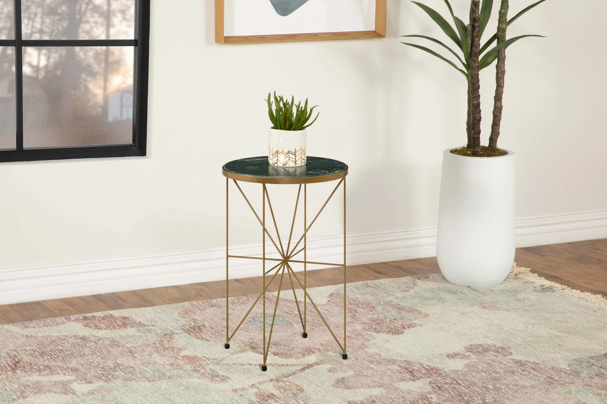 Eliska Round Green Marble Top Accent Side Table Antique Gold - Image 4