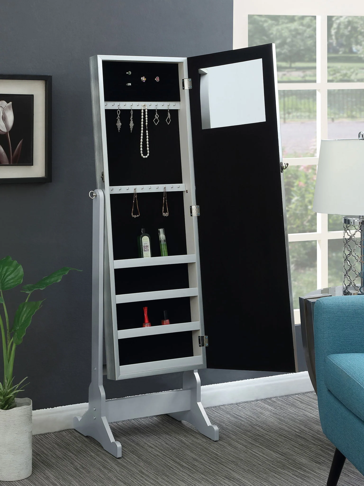 Elle Cheval Mirror with Jewelry Storage Silver - Image 4