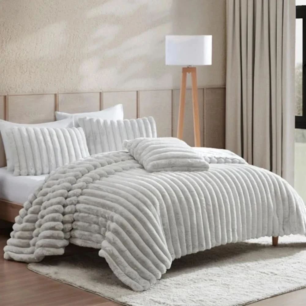 Evolve Grey Queen or King 4PC Comforter Set with Faux Fur Finish - Image 2