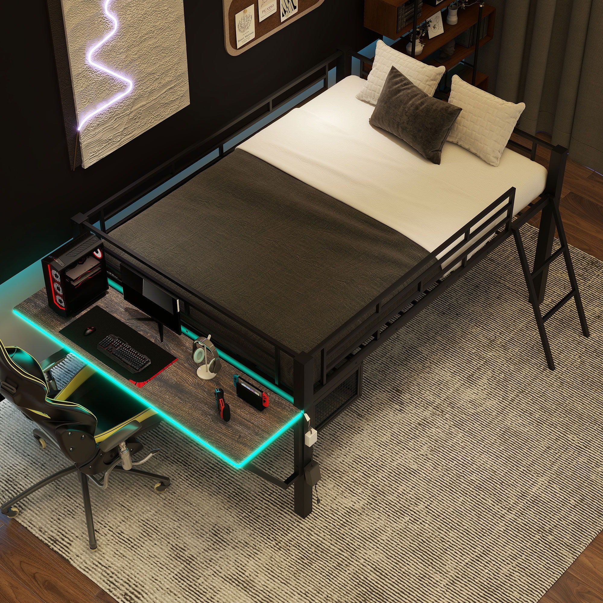Gaming - Full Size Loft Bed With Desk, LED - Black - Image 2