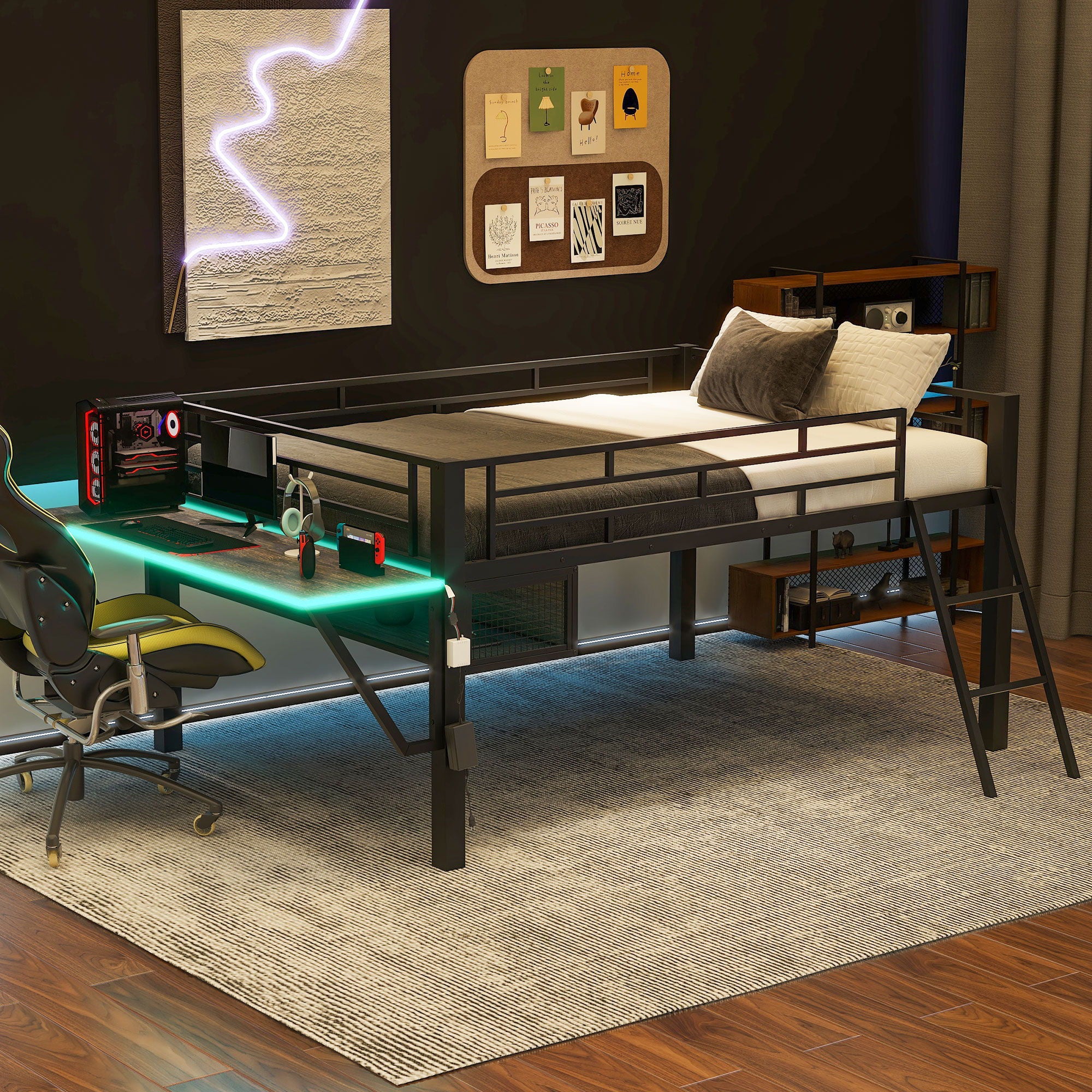 Gaming - Full Size Loft Bed With Desk, LED - Black - Image 3