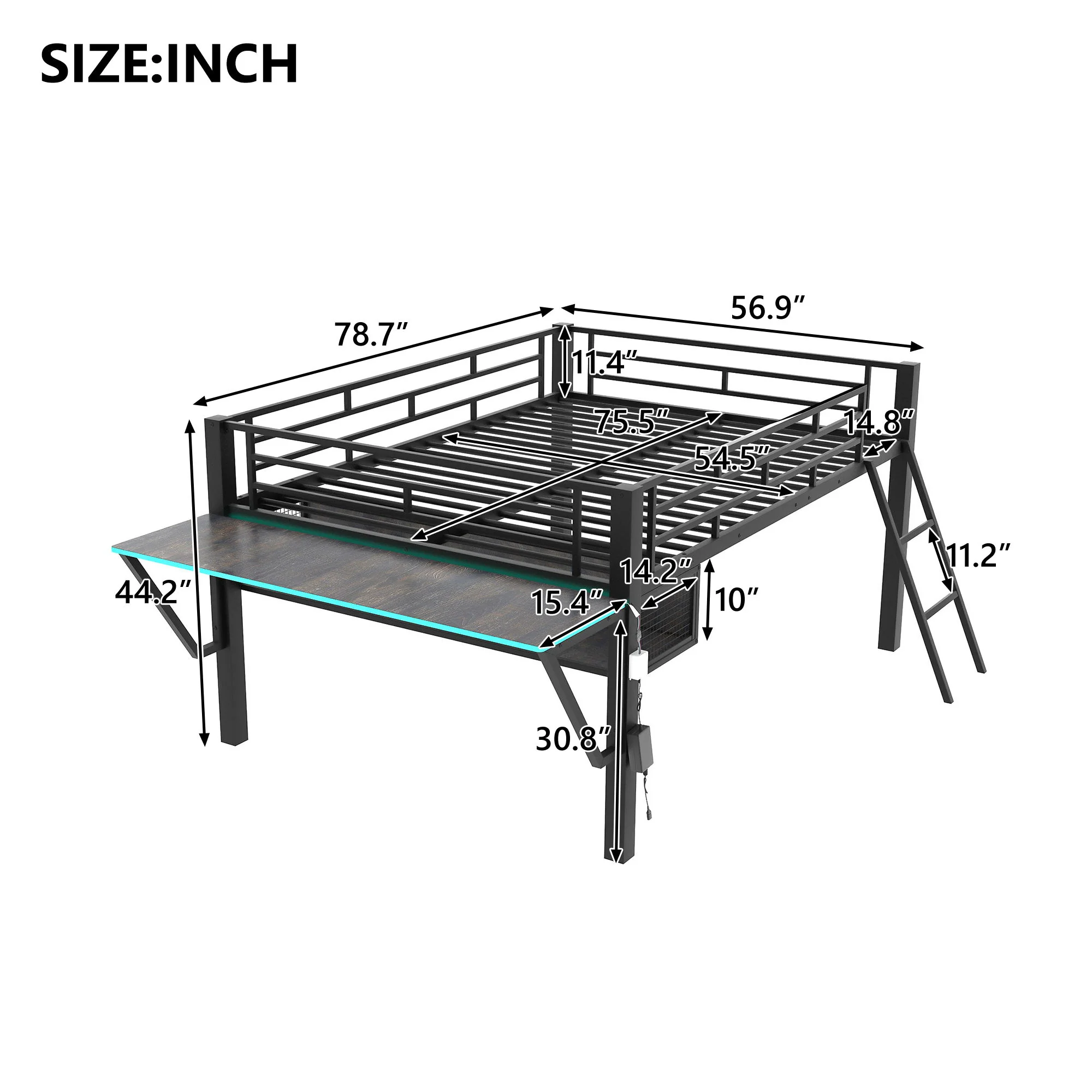 Gaming - Full Size Loft Bed With Desk, LED - Black - Image 4