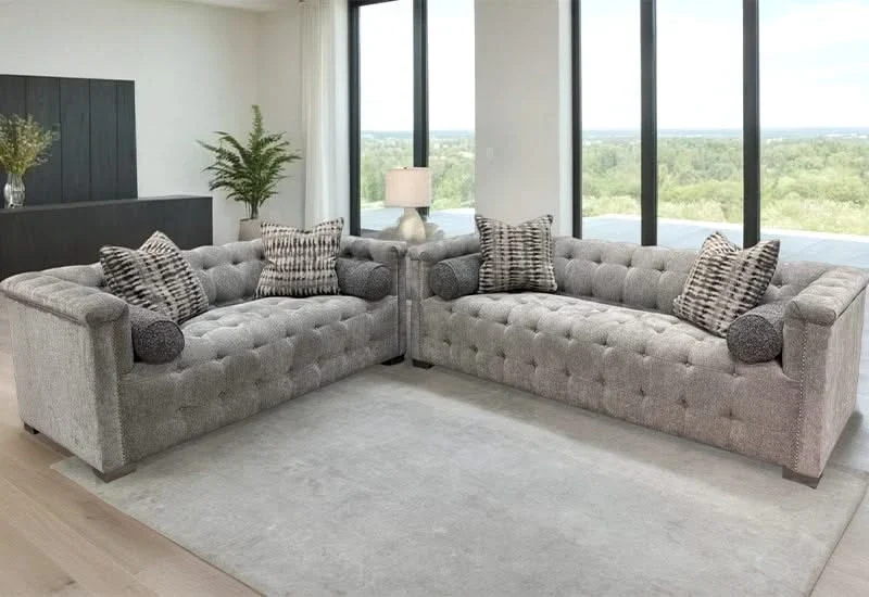 Harper Tufted Sofa in Textured Gray with Designer Accent Pillows - Image 2
