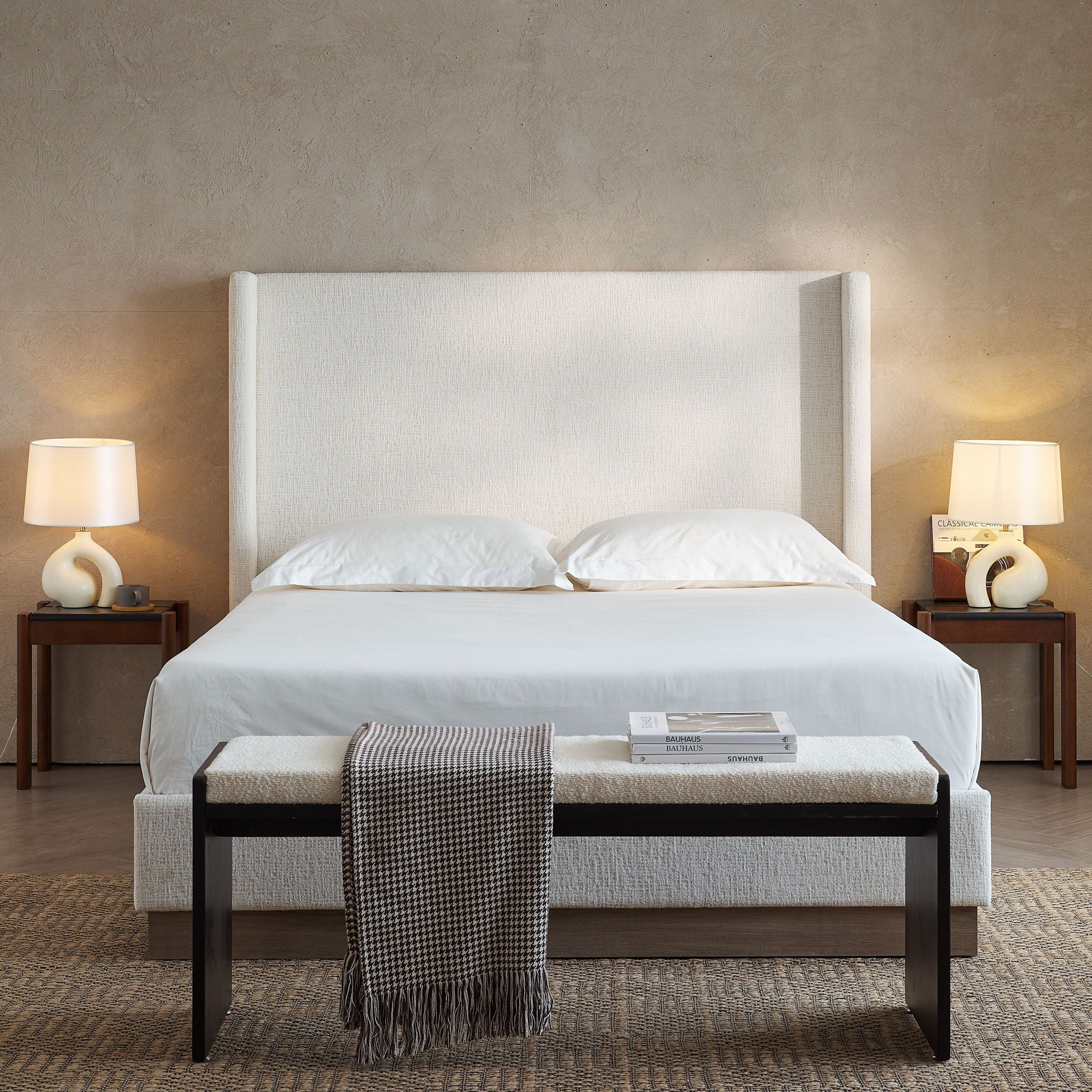 Hosford - Minimalist Upholstered Wingback Bed With Wood Base Platform - Image 10