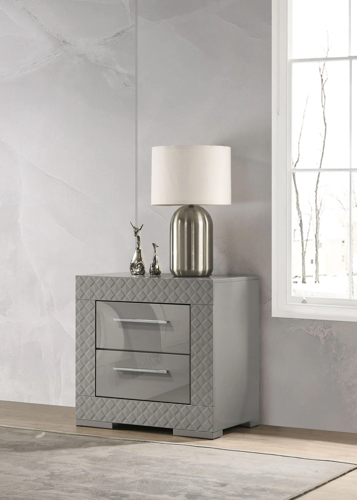 Ives 2-drawer Nightstand Bedside Table Grey High Gloss - Image 3