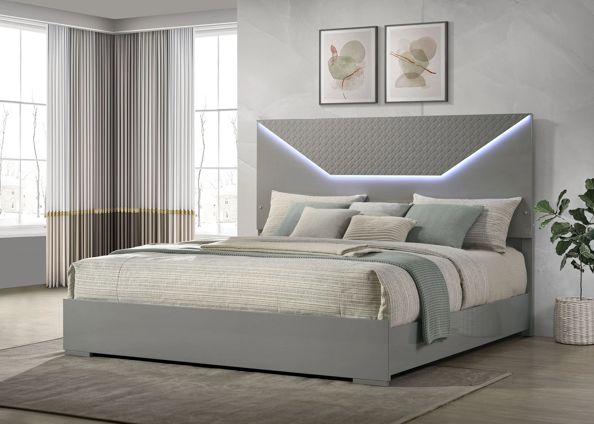 Ives Eastern King Panel Bed LED Headboard Grey High Gloss - Image 3