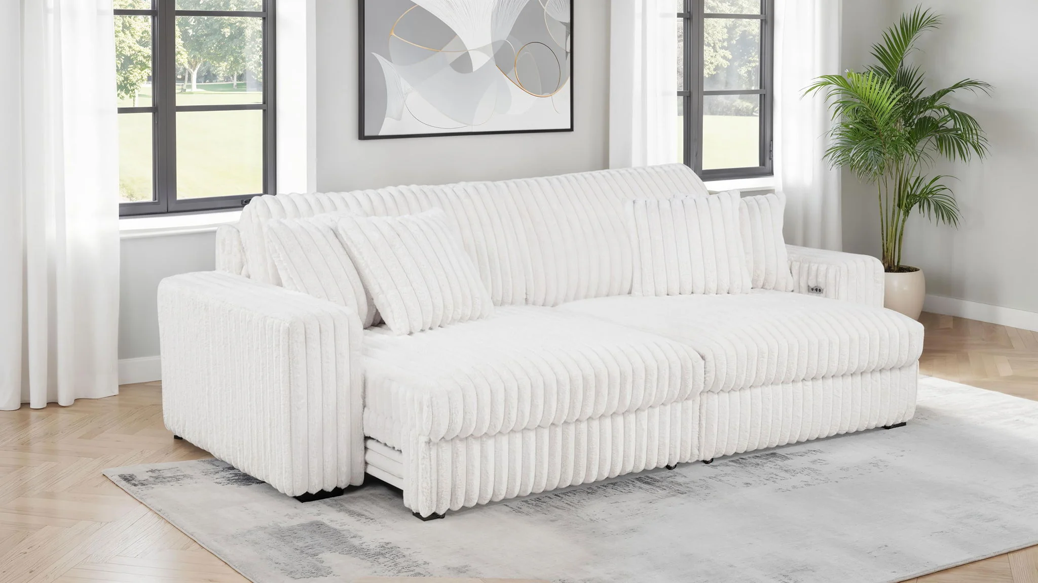Jacana Corduroy Upholstered Dual Power Chaise Sofa Ivory - Image 2