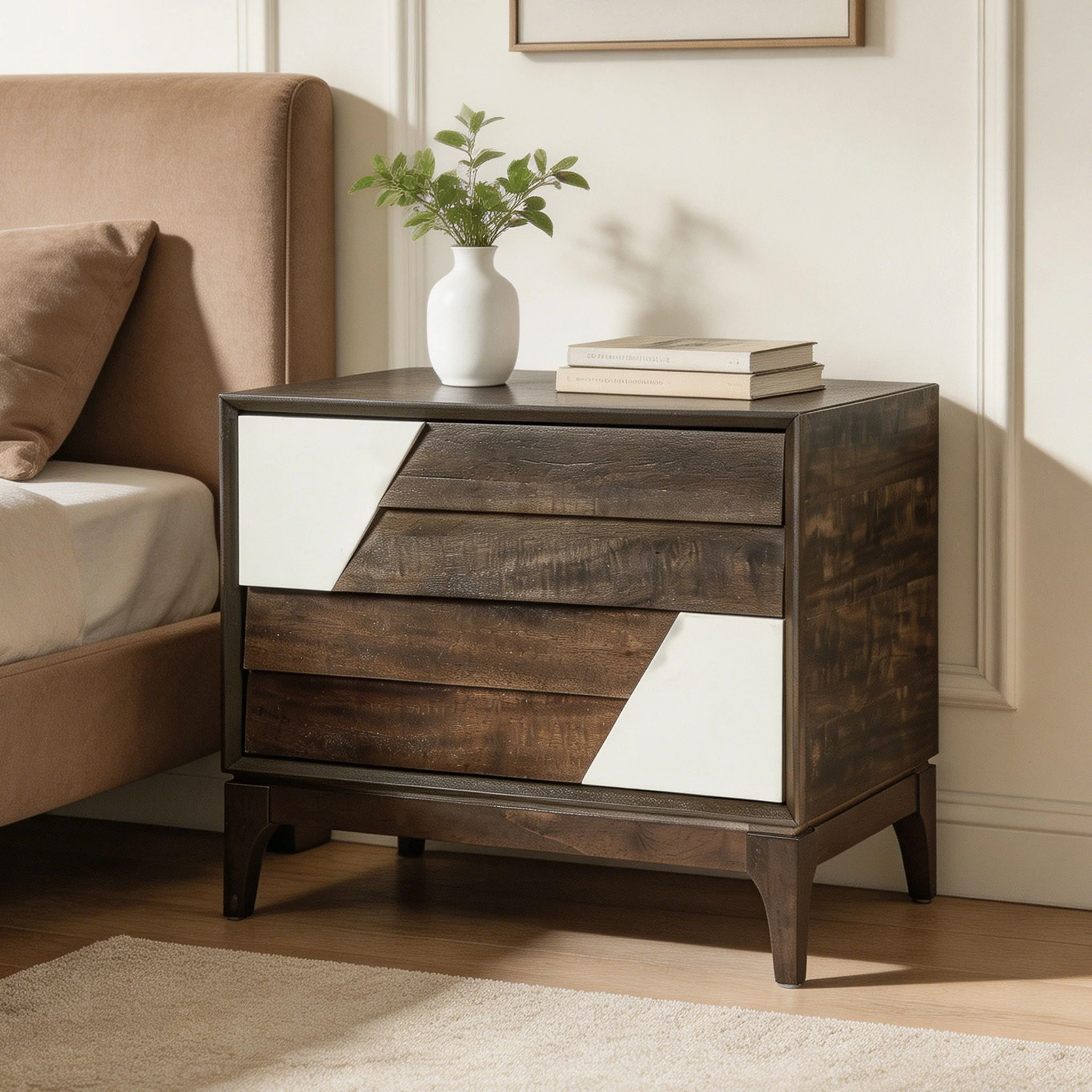 Japandi 2 Drawer Nightstand With Geometric Design - Image 3