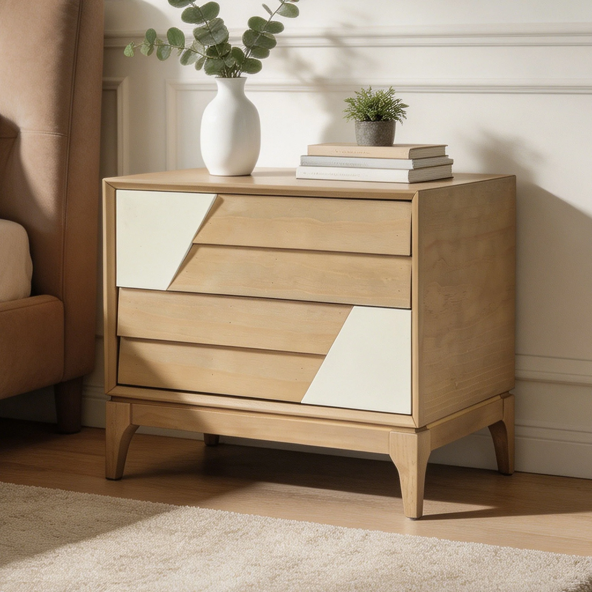 Japandi 2 Drawer Nightstand With Geometric Design - Image 5