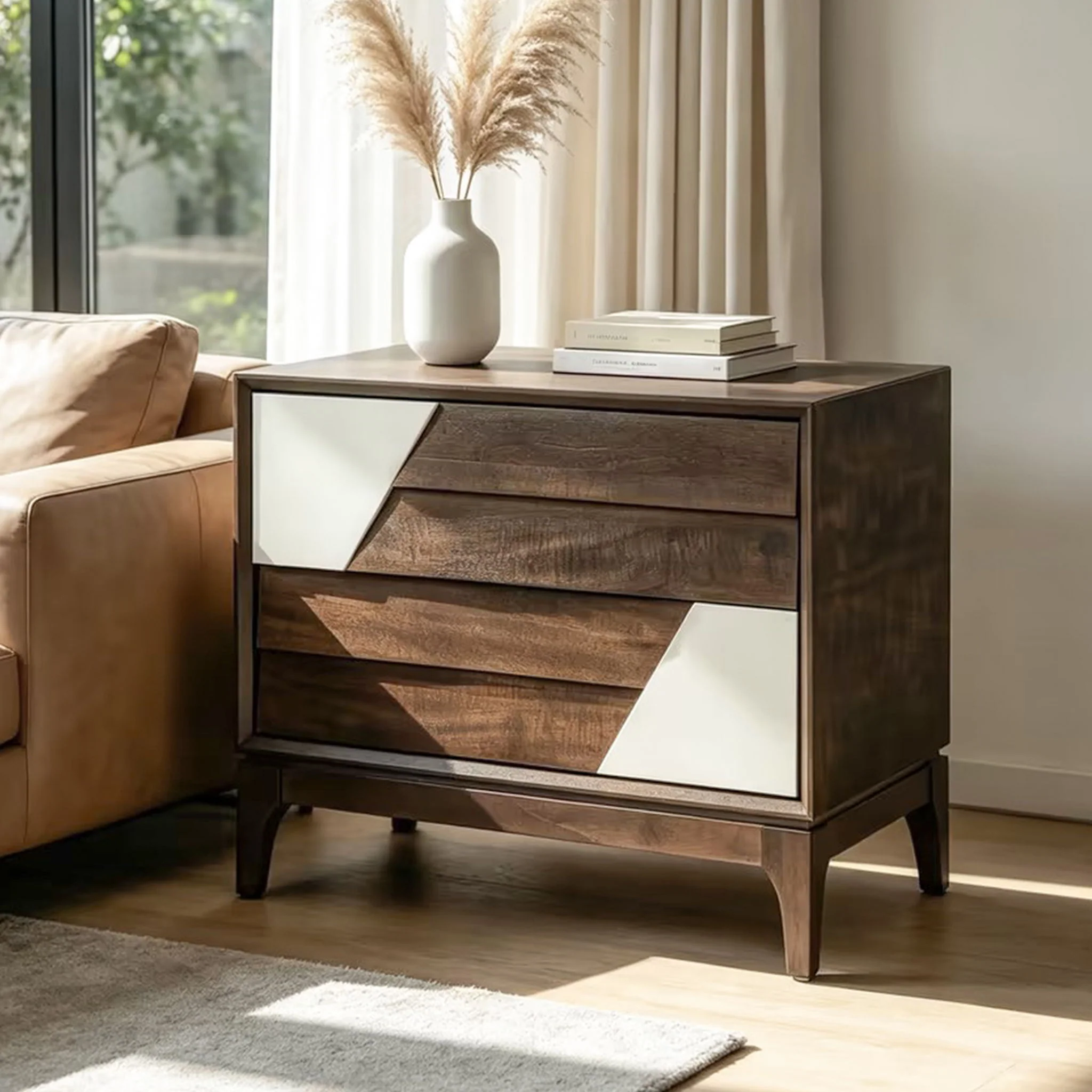 Japandi 2 Drawer Nightstand With Geometric Design - Image 6