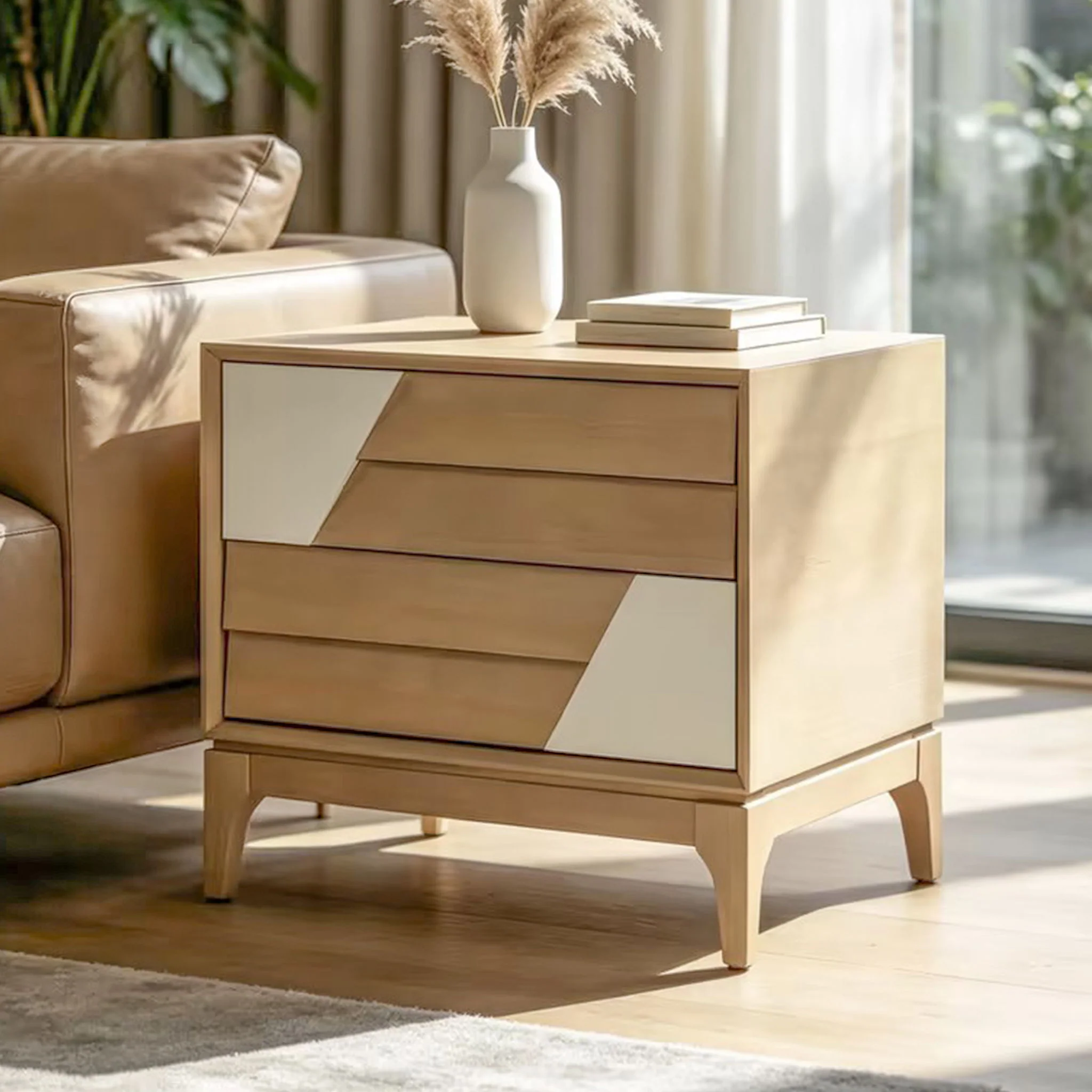 Japandi 2 Drawer Nightstand With Geometric Design - Image 8