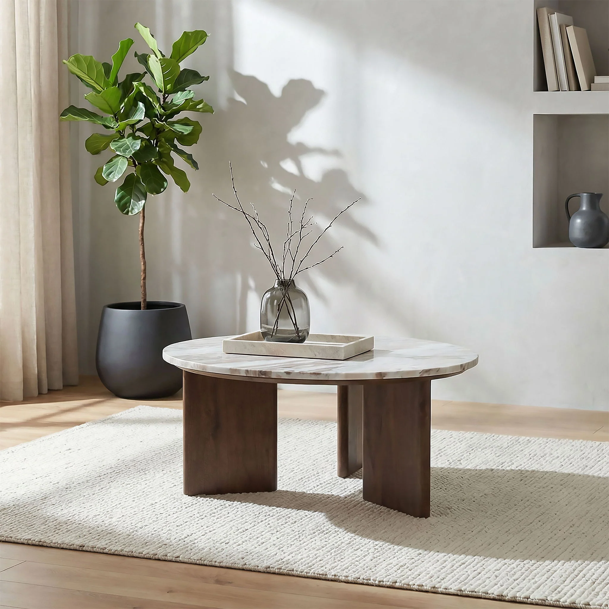 Jenna 35-inch Round Marble Top Cocktail Coffee Table Brown - Image 4