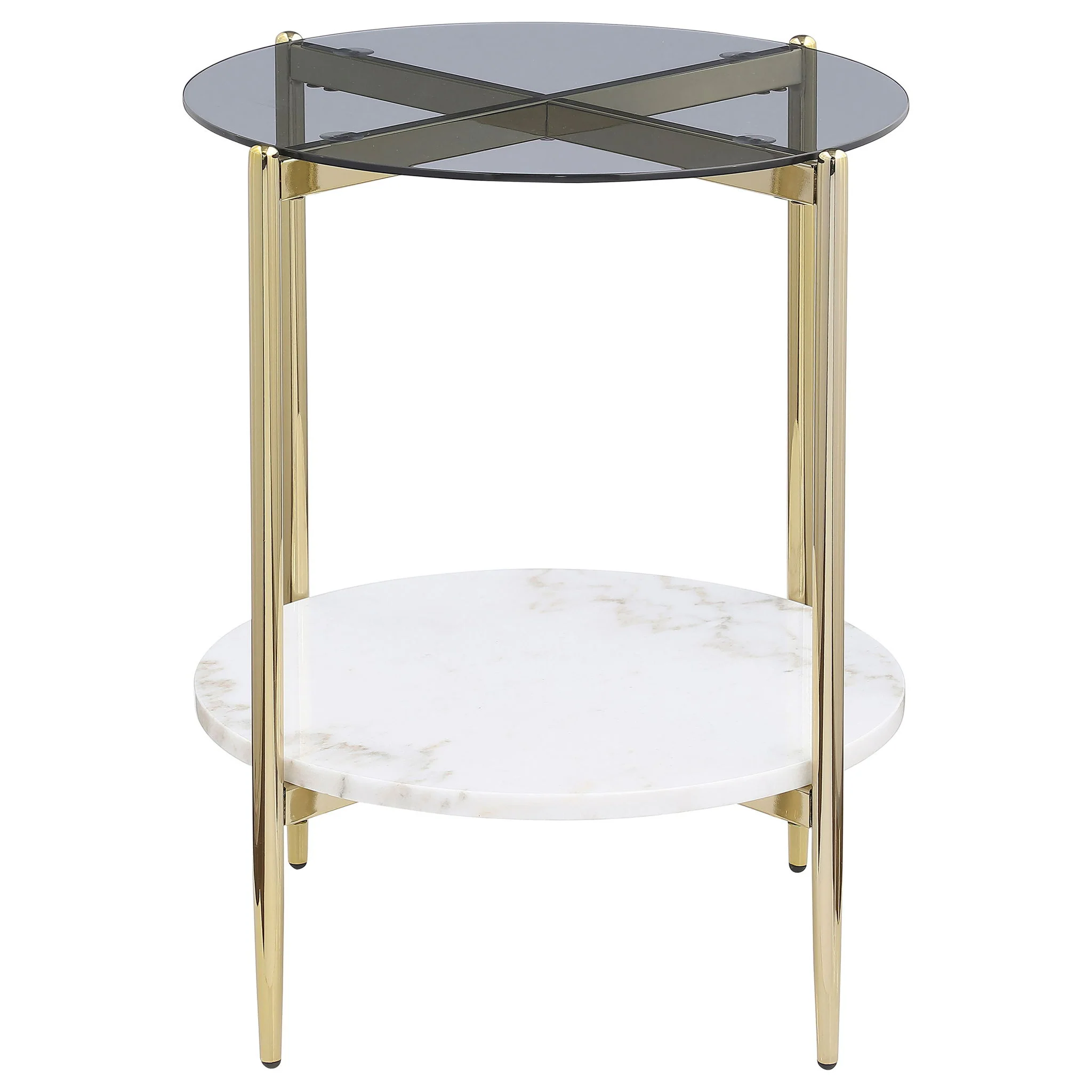 Jonelle Round Glass Top End Table White Marble Shelf Gold - Image 4