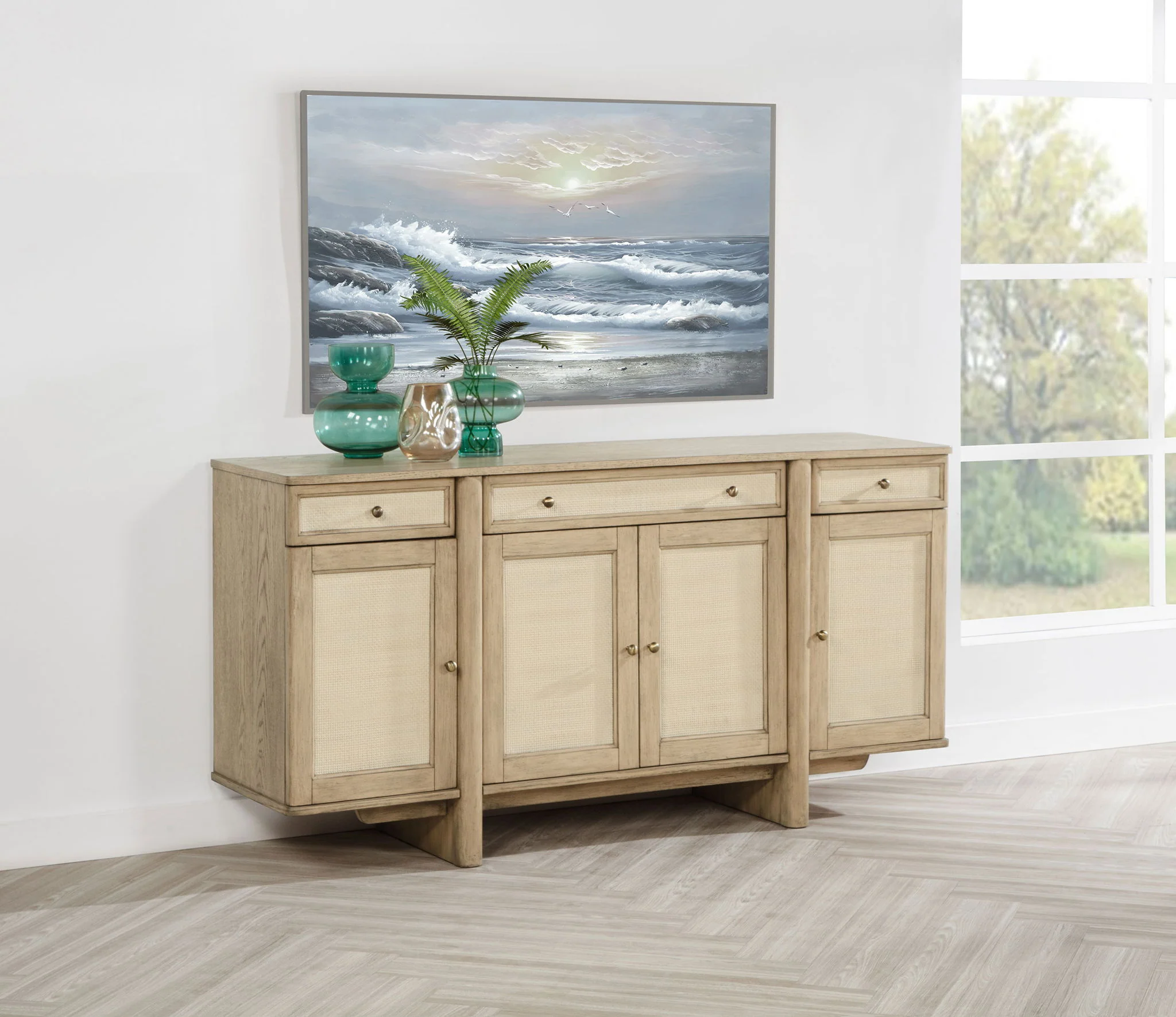 Kailani 4-door Cane Sideboard Buffet Cabinet Beige Oak - Image 3